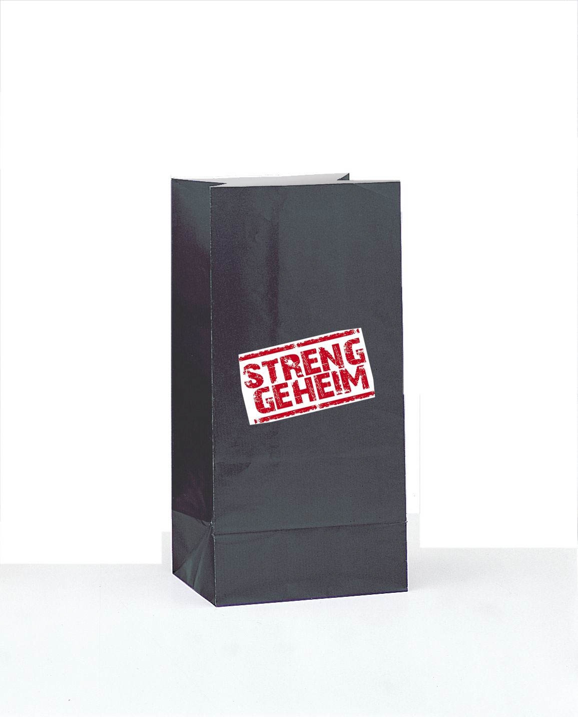 Streng Geheim - 12 Papier-Mitgebseltüte Schwarz mit Stickern