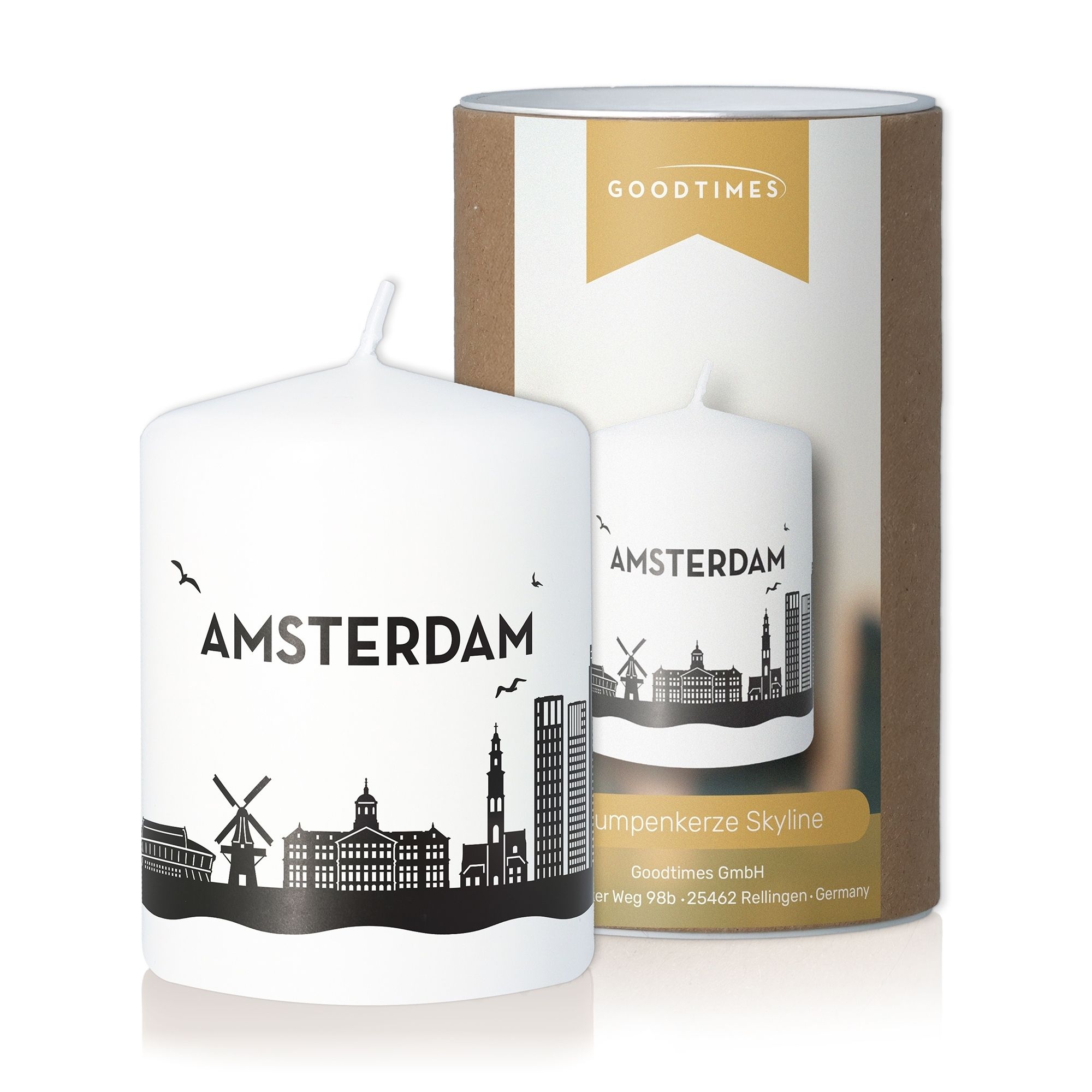 Stumpenkerze Skyline Amsterdam Weiß Kerze