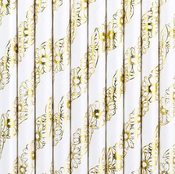 10 Papierstrohhalme, Weiß mit goldenen Blumen 10 Papierstrohhalme, Weiß mit goldenen Blumen