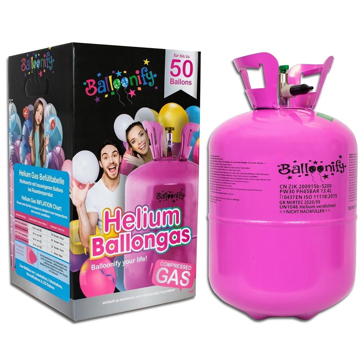 50er Ballonset: 50 bunte Ballons (23 cm) und Bänder mit Helium Einweg-Flasche 50er Ballonset: 50 bunte Ballons (23 cm) und Bänder mit Helium Einweg-Flasche