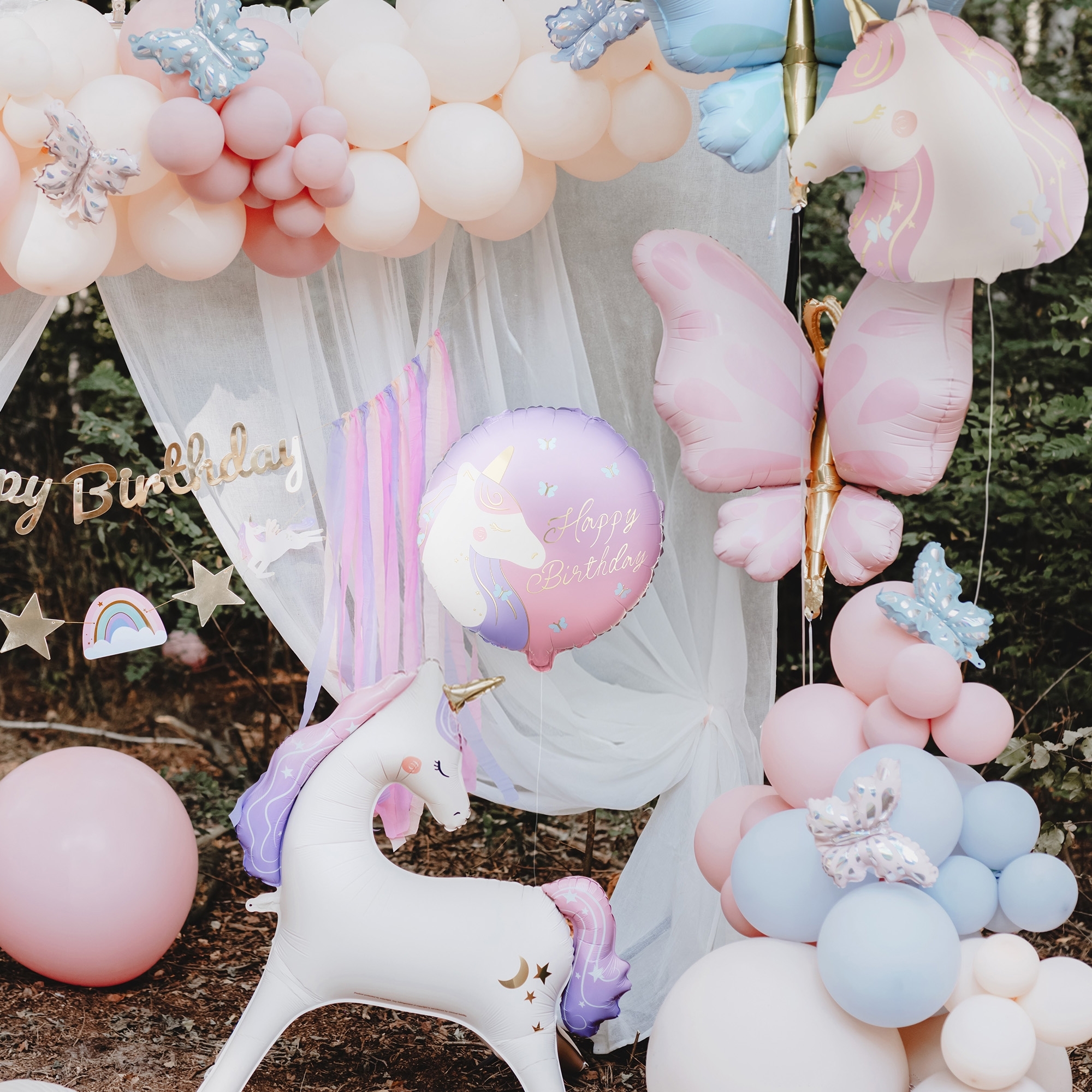 Balloon-Dekoration, Einhorn, Pastellfarben, Feierdeko, Ballonenvorhang