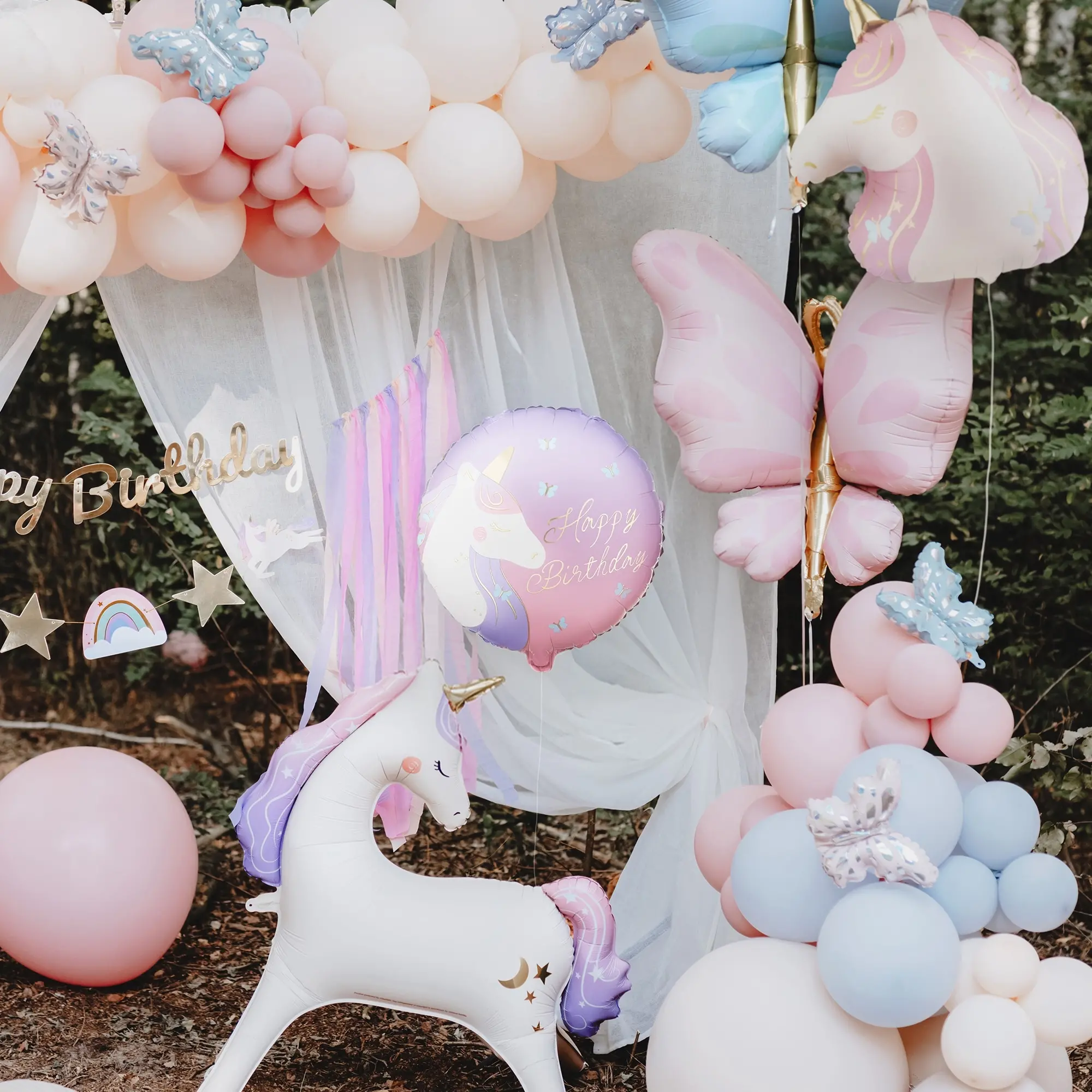 Balloon-Dekoration, Einhorn, Pastellfarben, Feierdeko, Ballonenvorhang