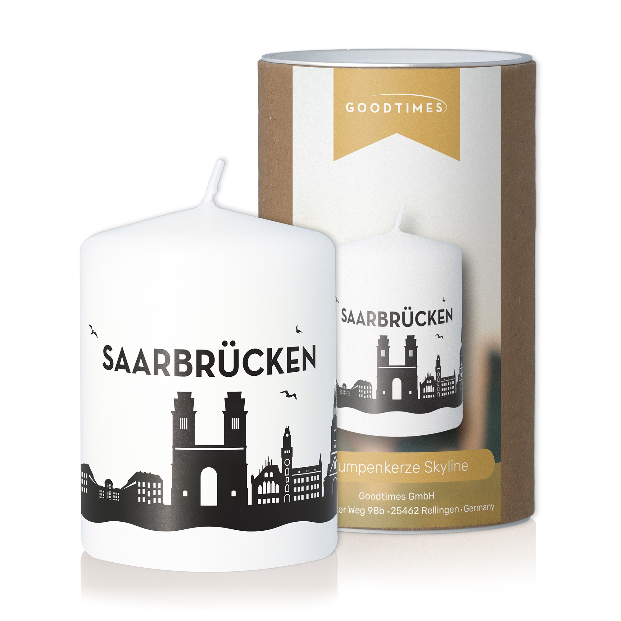 Stumpenkerze Skyline Saarbrücken Weiß Flasche