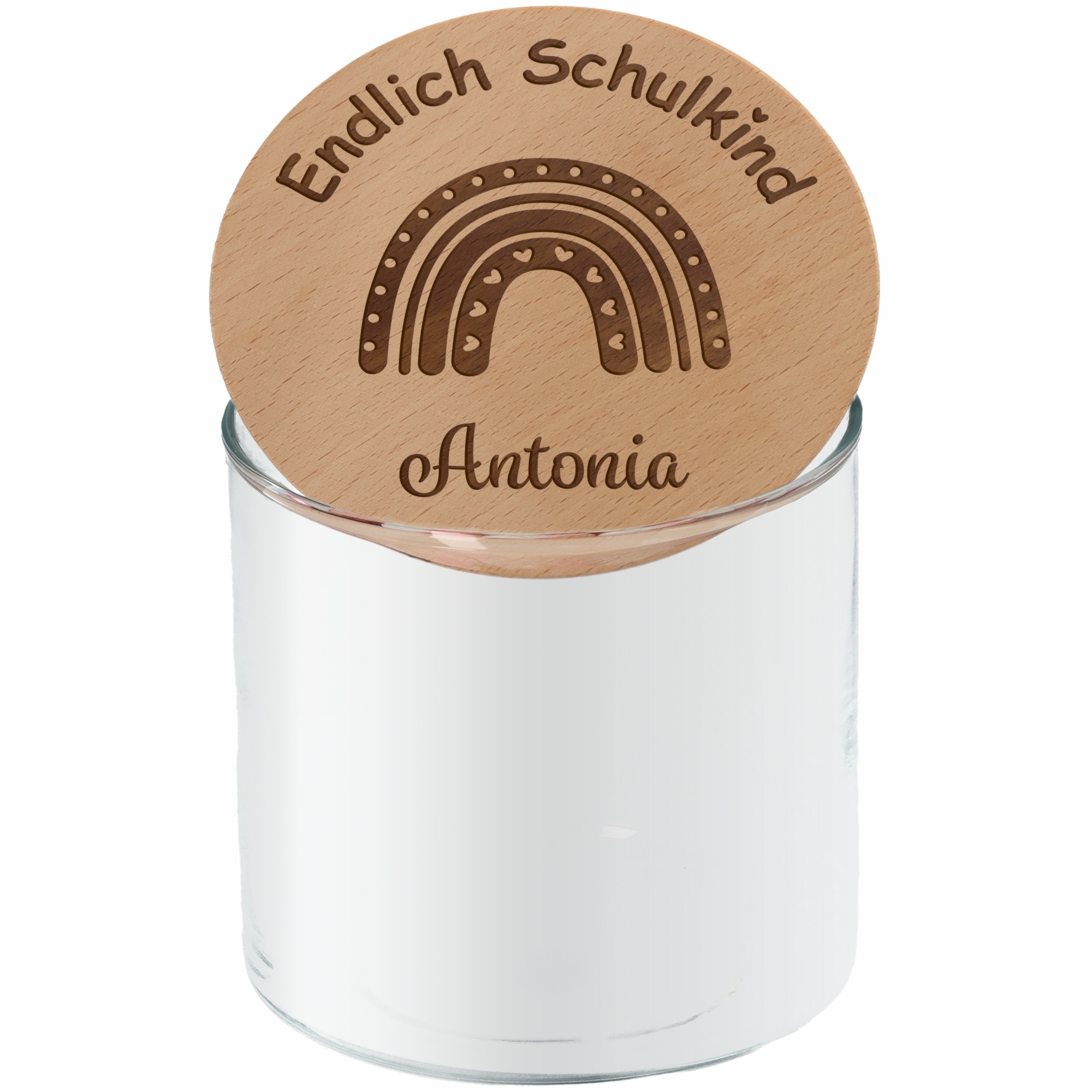 78ebff9dc27a4bf35657968fa578d562b9dfa286 Geschenkglas Endlich Schulkind Regenbogen Herz "Name" 530ml