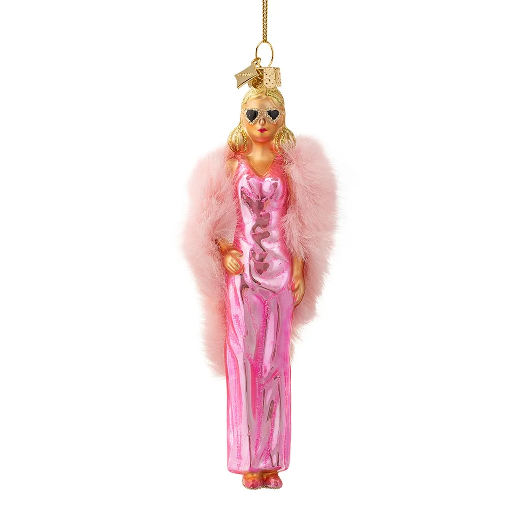 Puppen-Anhänger, Pinkes Kleid, Fellbesatz, Glitzer, Sonnenbrille