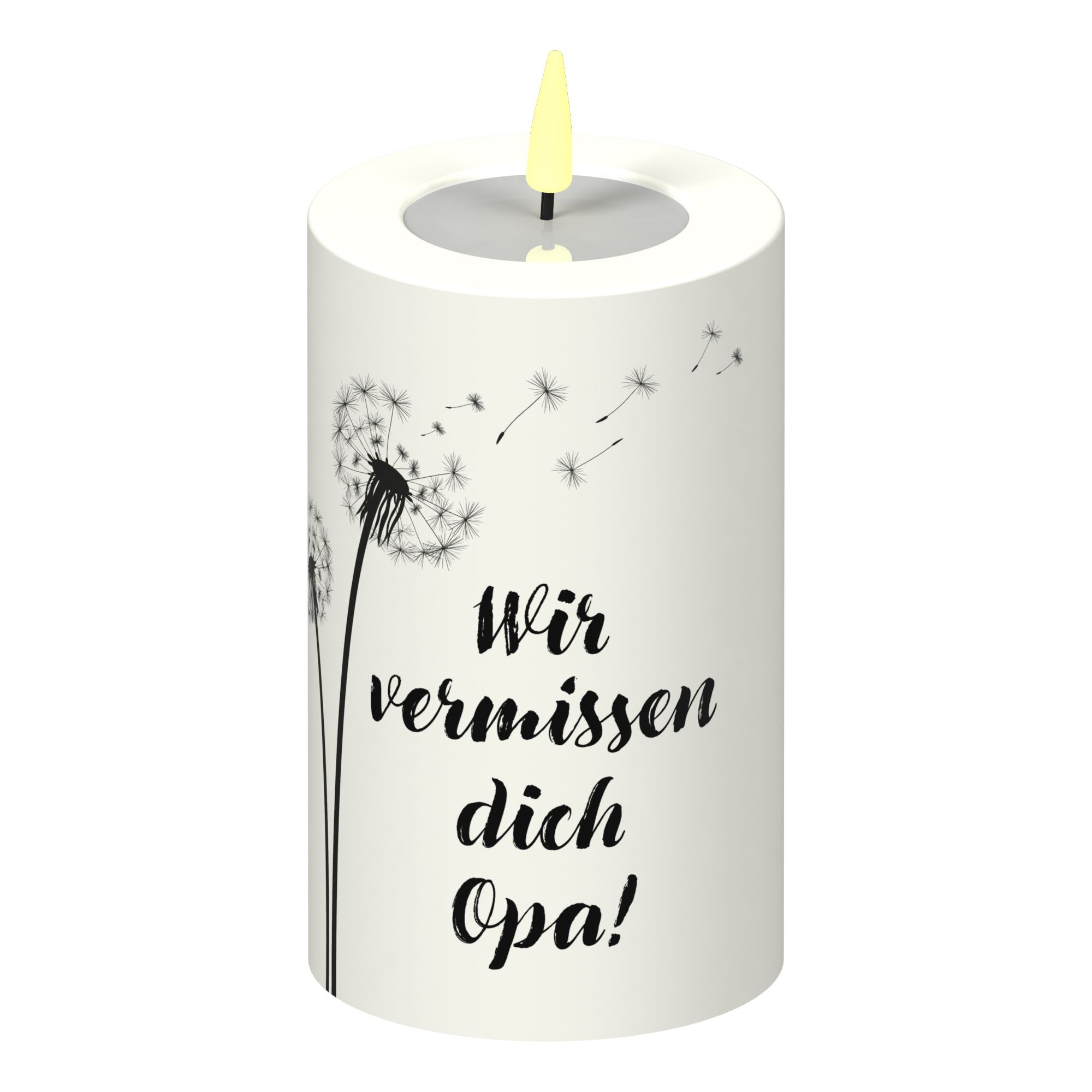 LED Stumpenkerze Weiß Pusteblume "Wir vermissen dich Opa!"ED Stumpenkerze Weiß Pusteblume "Wir vermissen dich Opa!" LED Stumpenkerze Weiß Pusteblume "Wir vermissen dich Opa!"ED Stumpenkerze Weiß Pusteblume "Wir vermissen dich Opa!"