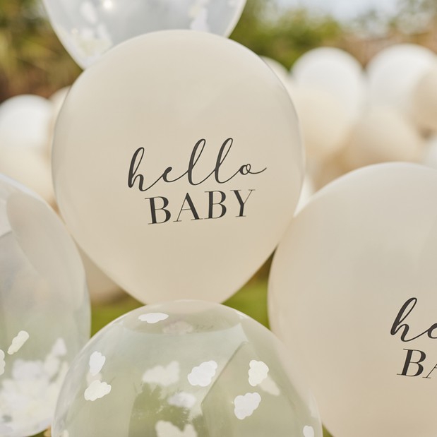 5 Ballons im Set "Hello Baby & Wolkenkonfetti" Ø 30cm