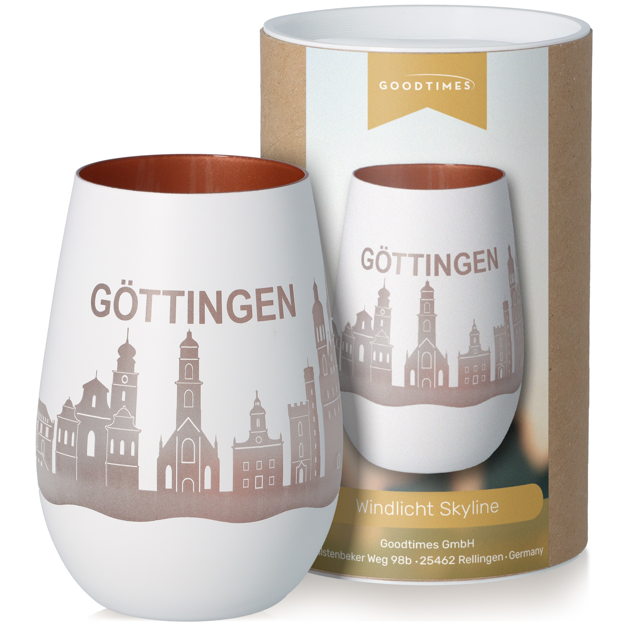 Windlicht Skyline Göttingen Weiß/Bronze Töpferei, Tasse, Kunst, Porzellan, Glas