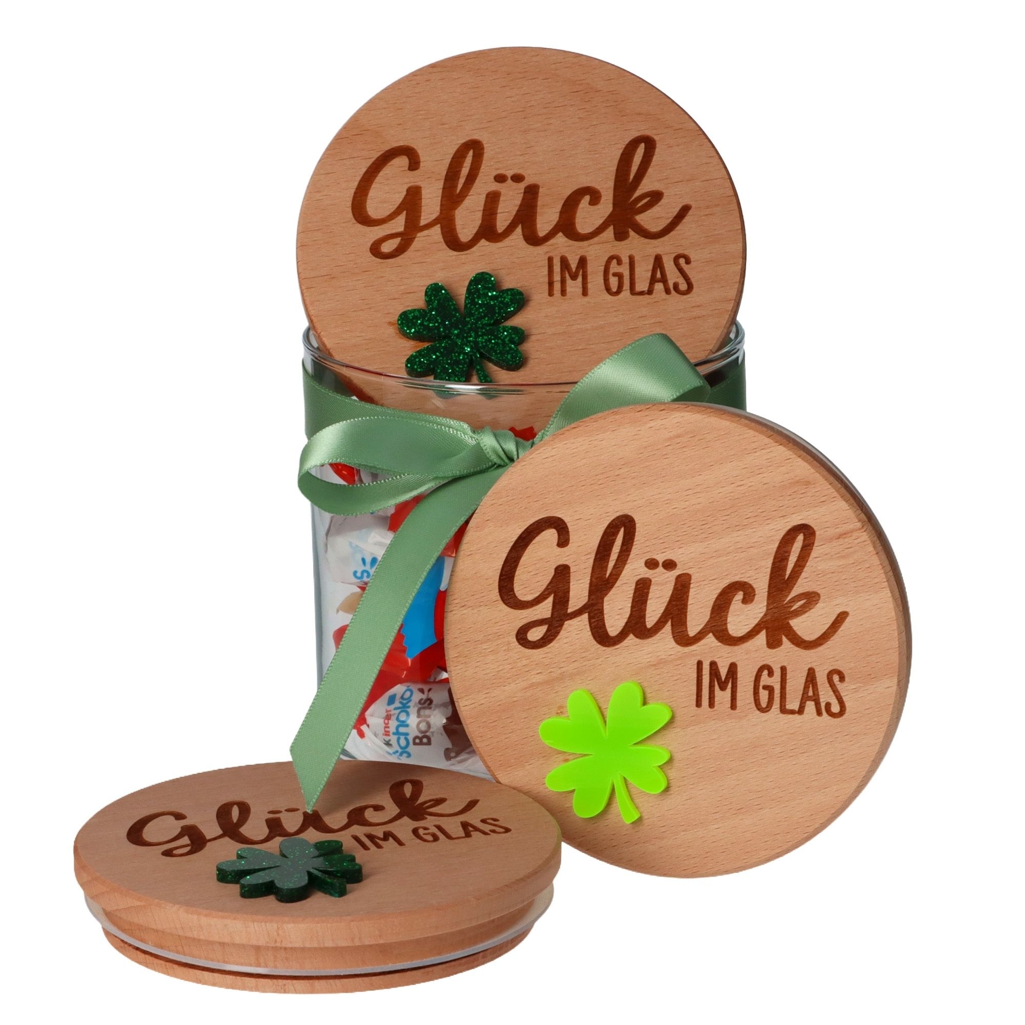 Geschenkglas "Glück im Glas" Glitzergrün Essen, Süßigkeiten