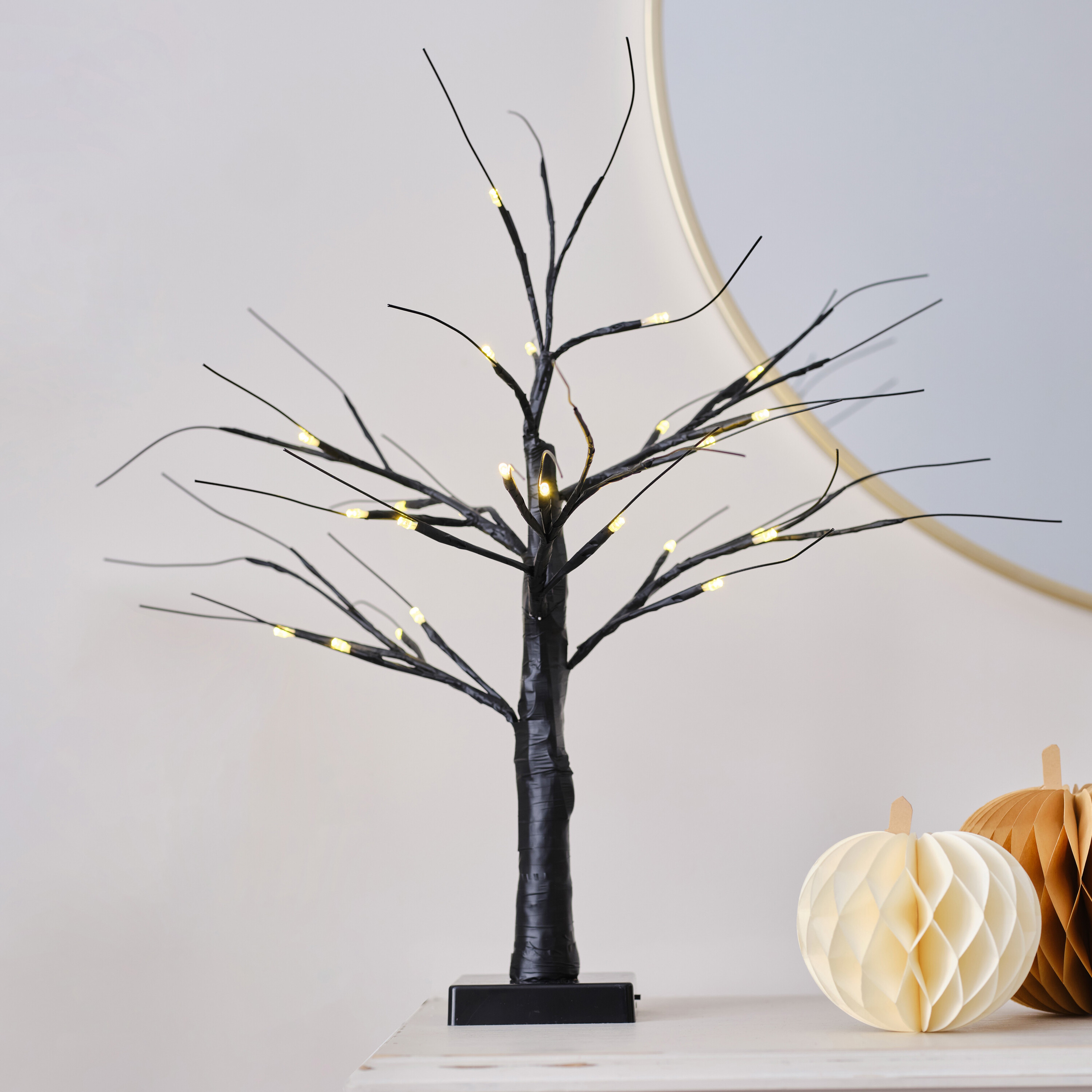Kleiner schwarzer leuchtender LED-Halloweenbaum, 40 cm Blume, Blumenarrangement, Pflanze, Ikebana, Lampe