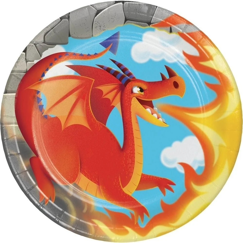 pappeplatte, dragonerillustration, firedragon, runderndekor, kinderspielsatz