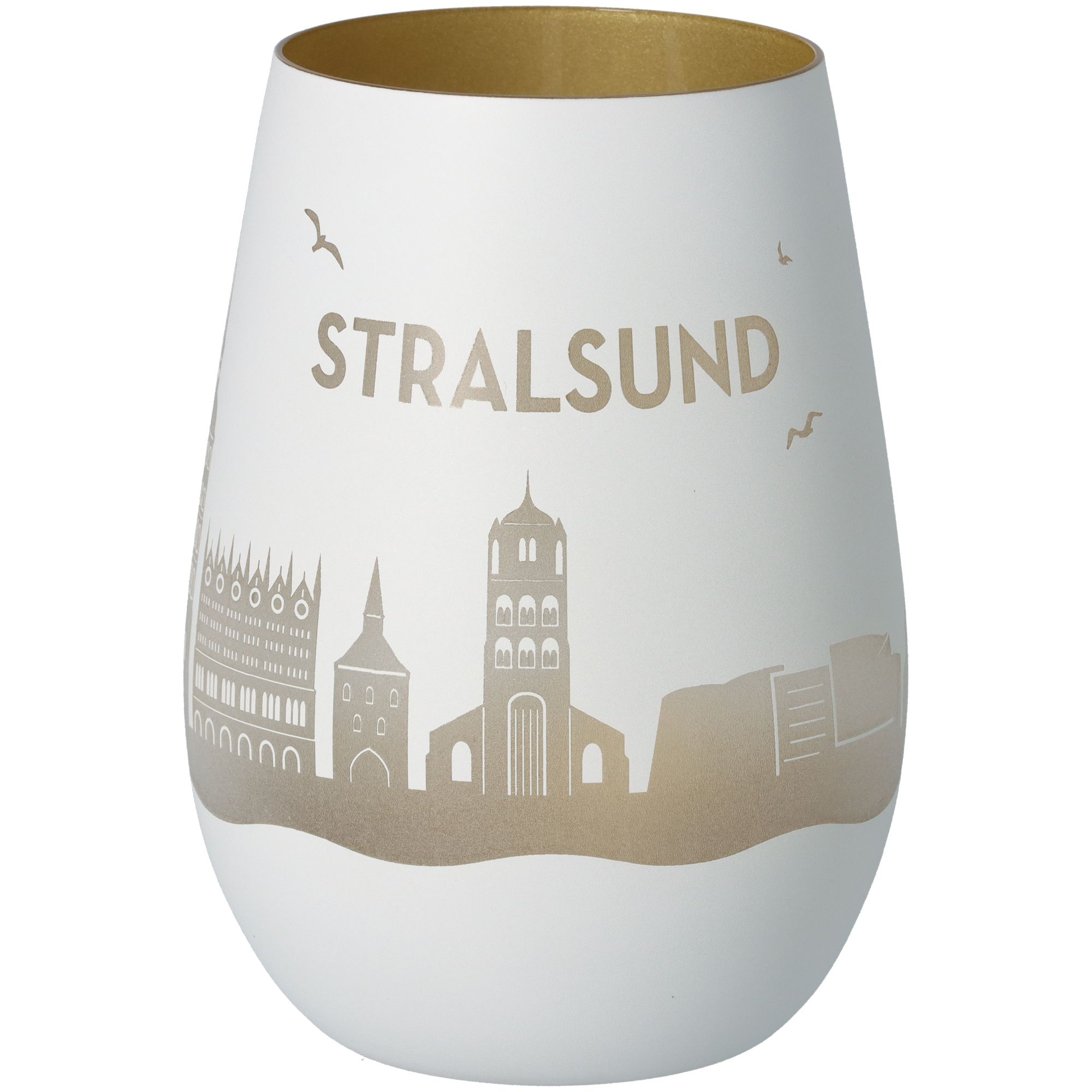 Windlicht Skyline Stralsund Weiß/Gold