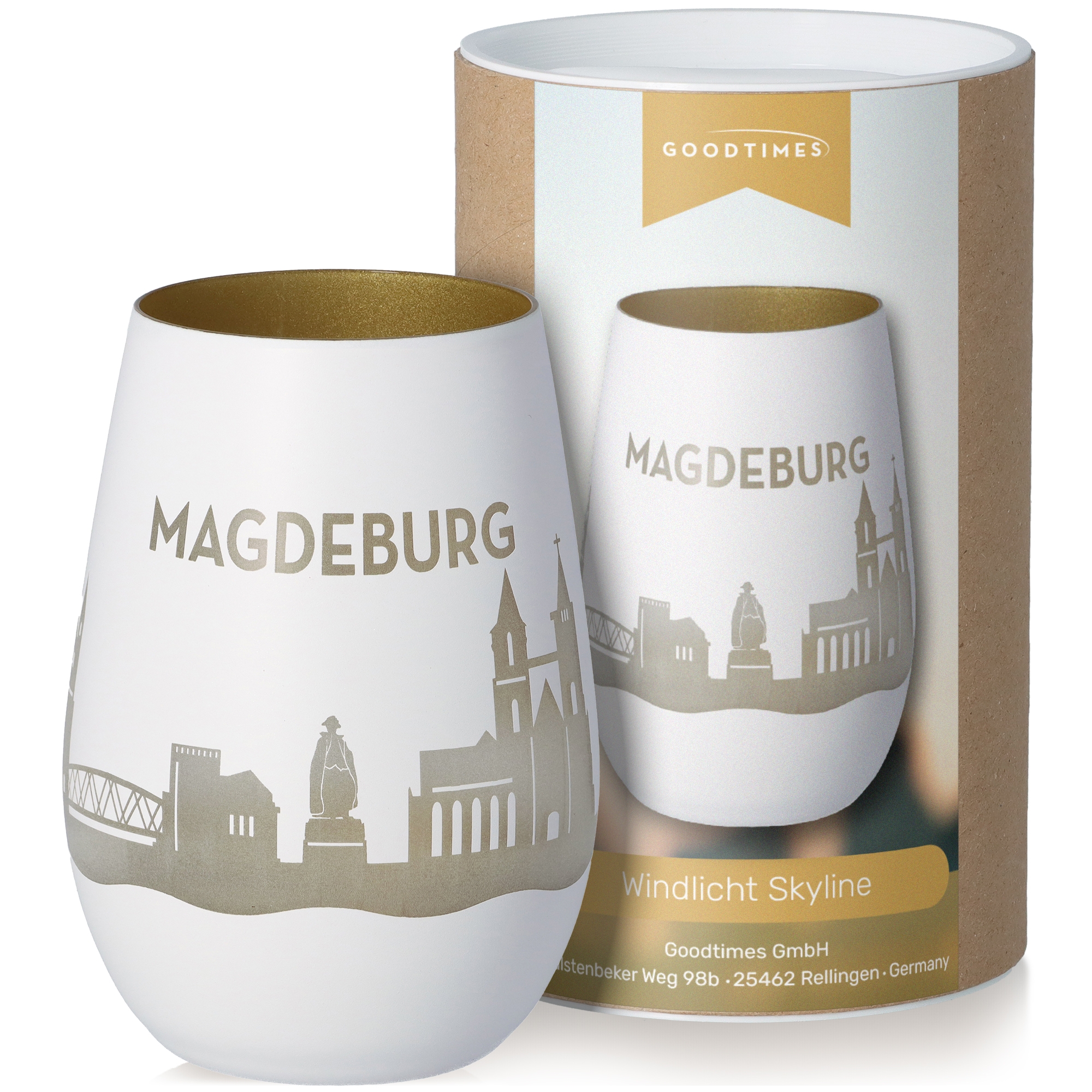 Windlicht Skyline Magdeburg Weiß/Gold Töpferei, Tasse, Kunst, Porzellan