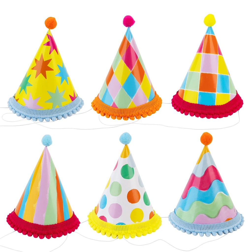 Partyhut, Kegel-/Coneshut, Pomponen-Spitze, Bunte Muster, Fransenrand