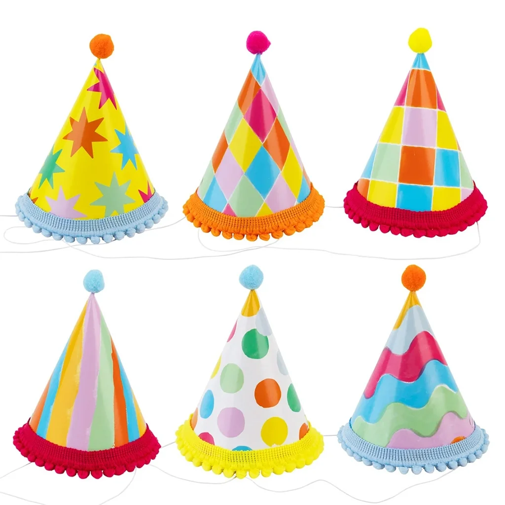 Partyhut, Kegel-/Coneshut, Pomponen-Spitze, Bunte Muster, Fransenrand