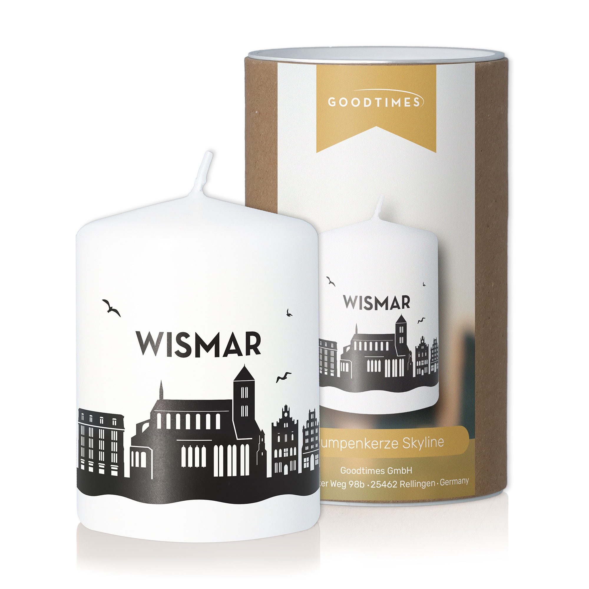 Stumpenkerze Skyline Wismar Weiß Stumpenkerze Skyline Wismar Weiß