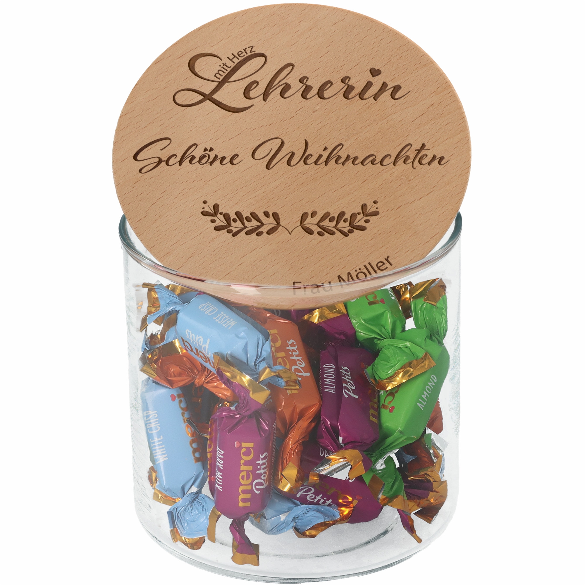 1e2d08691ac4e1cae184ff974f0b248e0f6b2558 Geschenkglas Lehrerin mit Herz Schöne Weihnachten "Name" 530ml