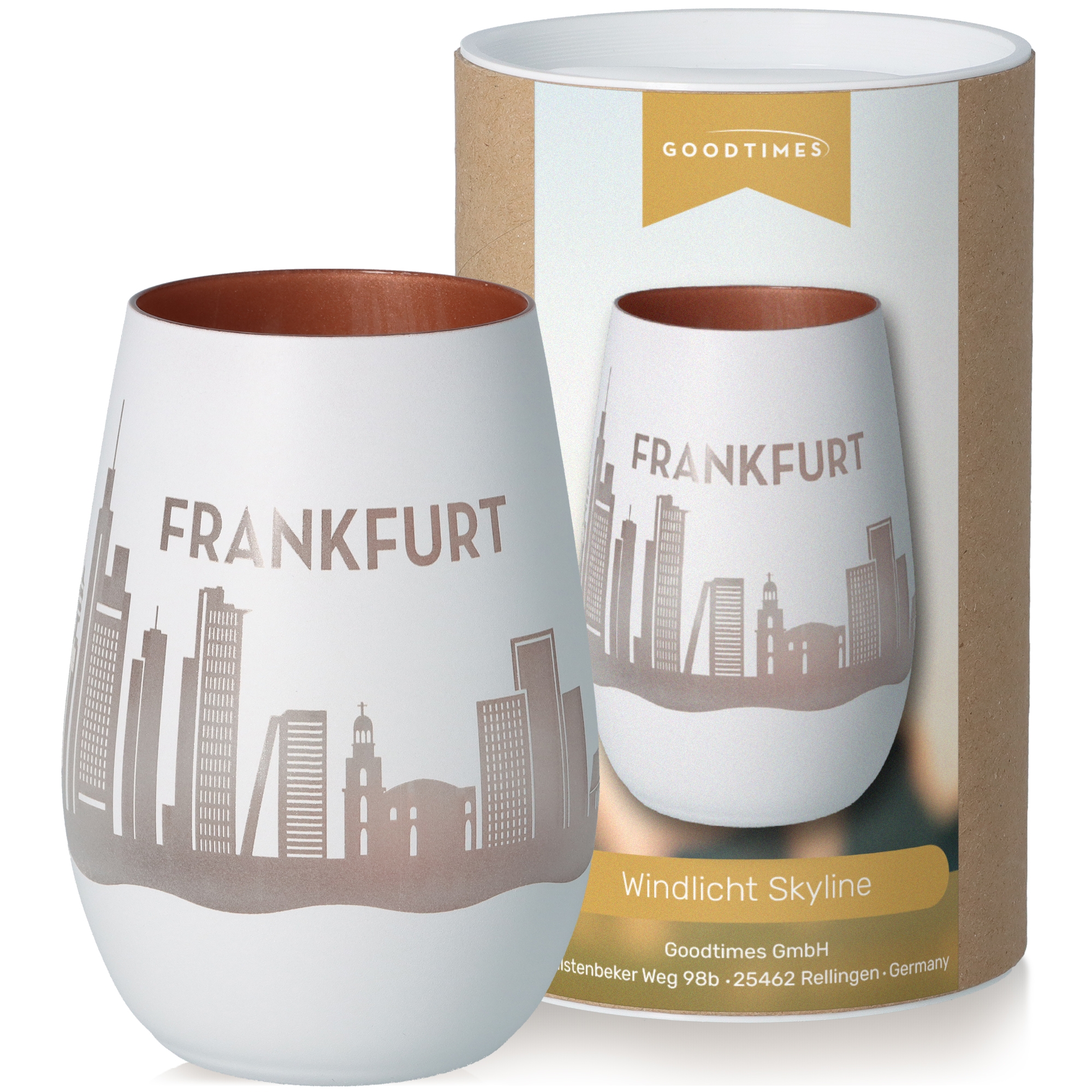 Windlicht Skyline Frankfurt Weiß/Bronze Töpferei, Tasse, Kunst, Porzellan