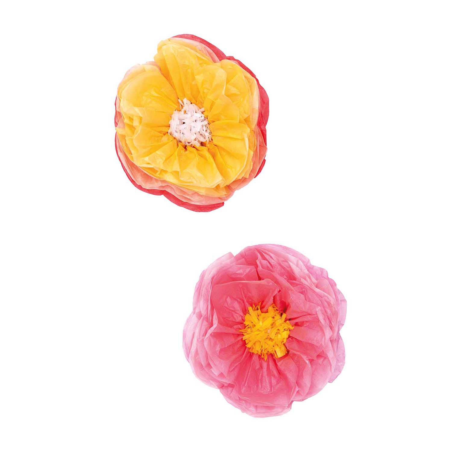 2 Blumen aus Seidenpapier, Rosa/Gelb - klein