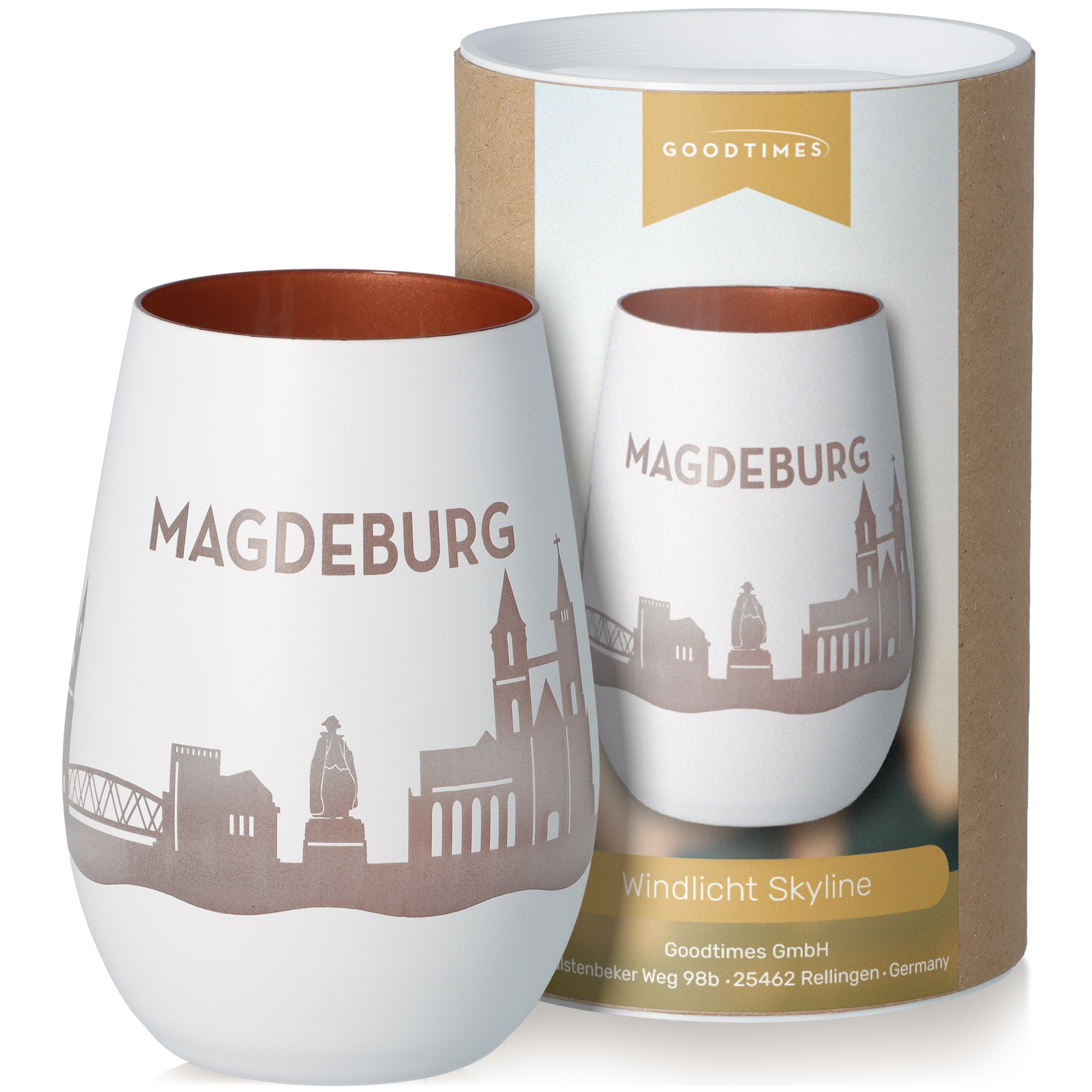 Windlicht Skyline Magdeburg Weiß/Bronze Töpferei, Tasse