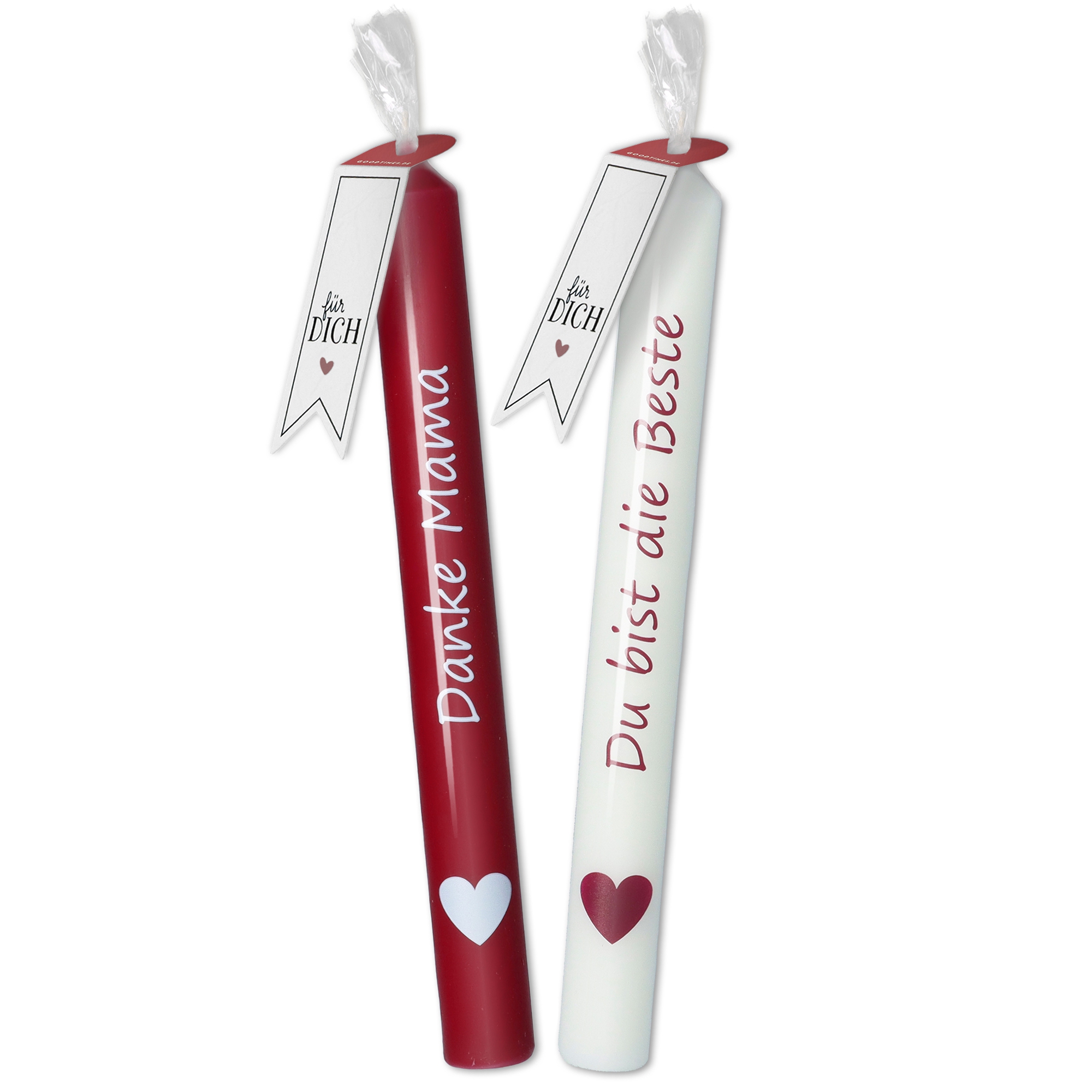 Stabkerzen-Set Altrot/Weiß "Danke Mama" & "Du bist die Beste" Stabkerzen-Set Altrot/Weiß "Danke Mama" & "Du bist die Beste"