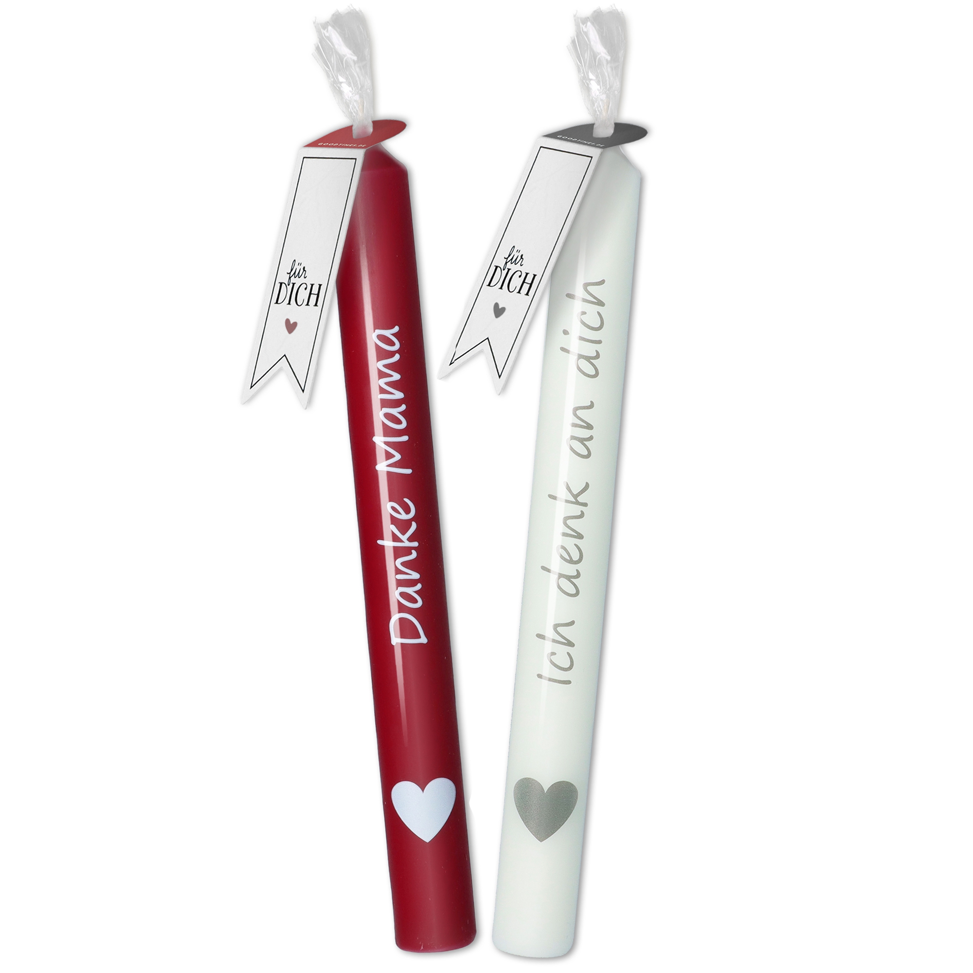 Stabkerzen-Set Altrot/Weiß "Danke Mama & "Ich denke an dich" Stabkerzen-Set Altrot/Weiß "Danke Mama & "Ich denke an dich"