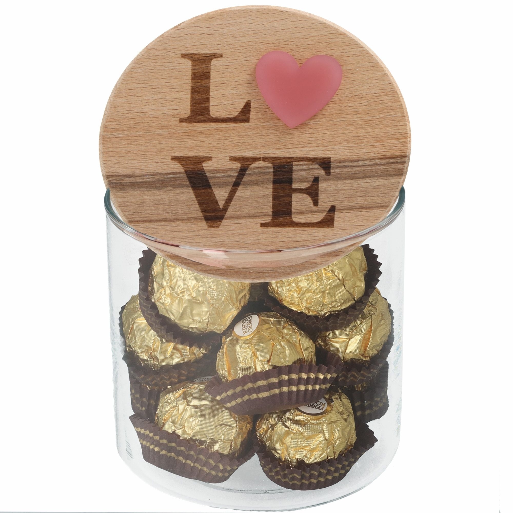 Schokolade, Pralinen, Glasbehälter, Holzdeckel, gold, Love