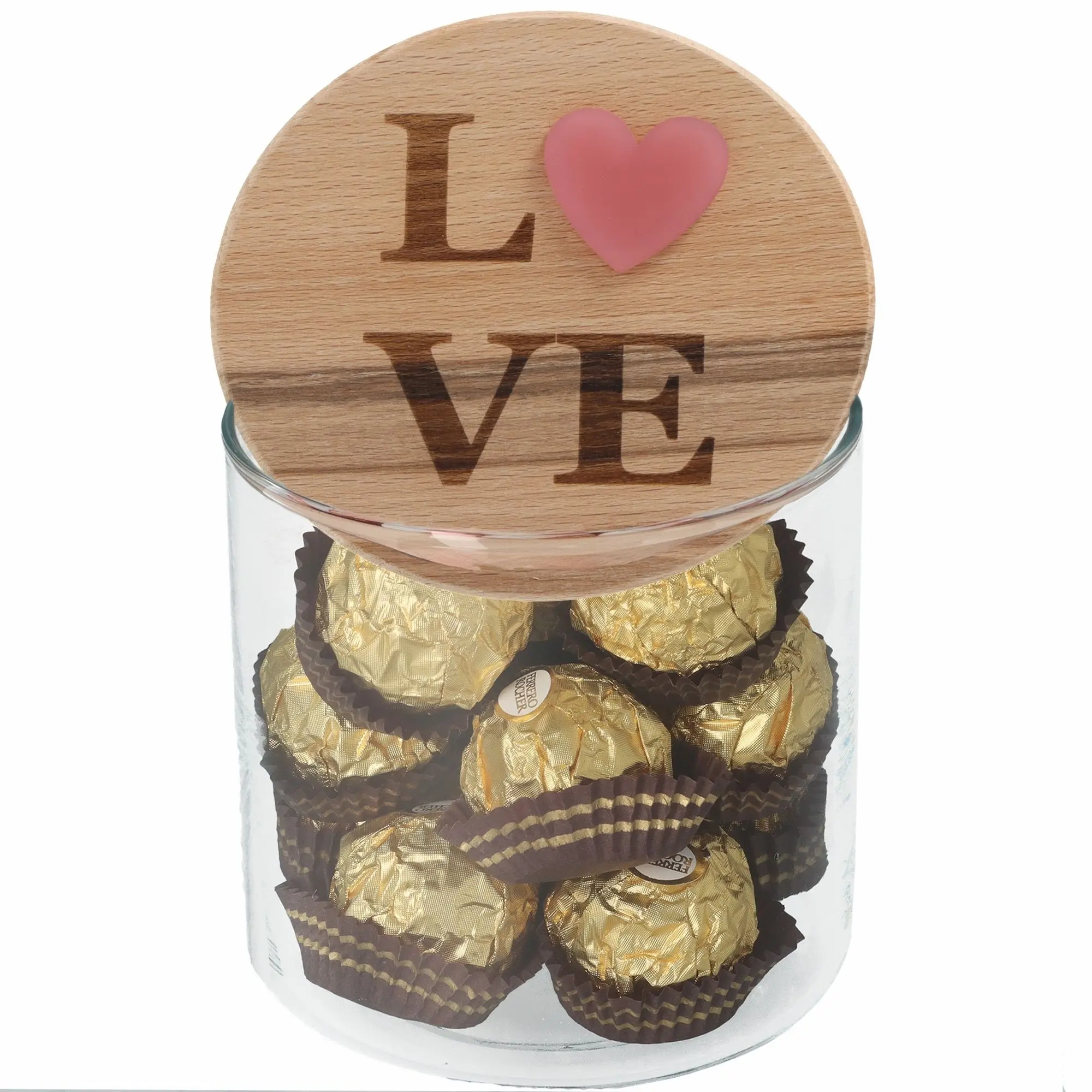 Schokolade, Pralinen, Glasbehälter, Holzdeckel, gold, Love