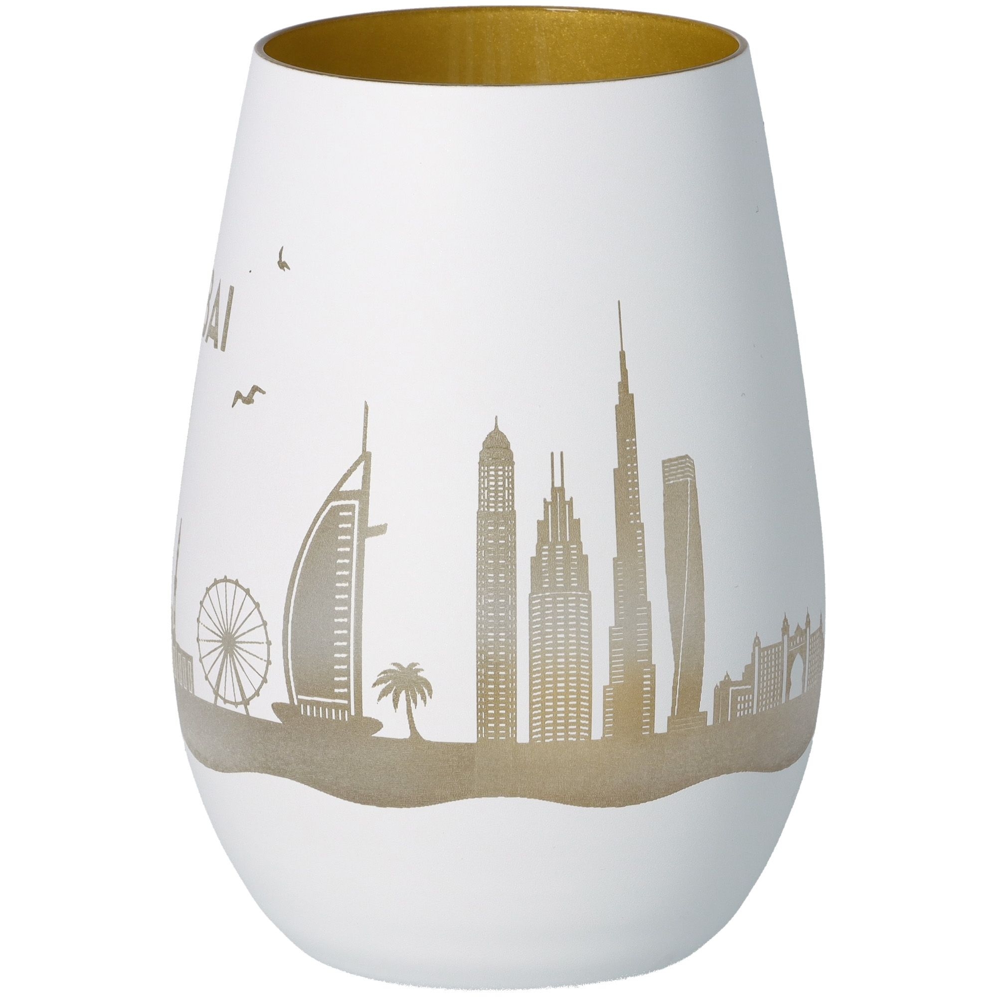 Windlicht Skyline Dubai Weiß/Gold Töpferei, Lampe, Porzellan, Glas, Vase