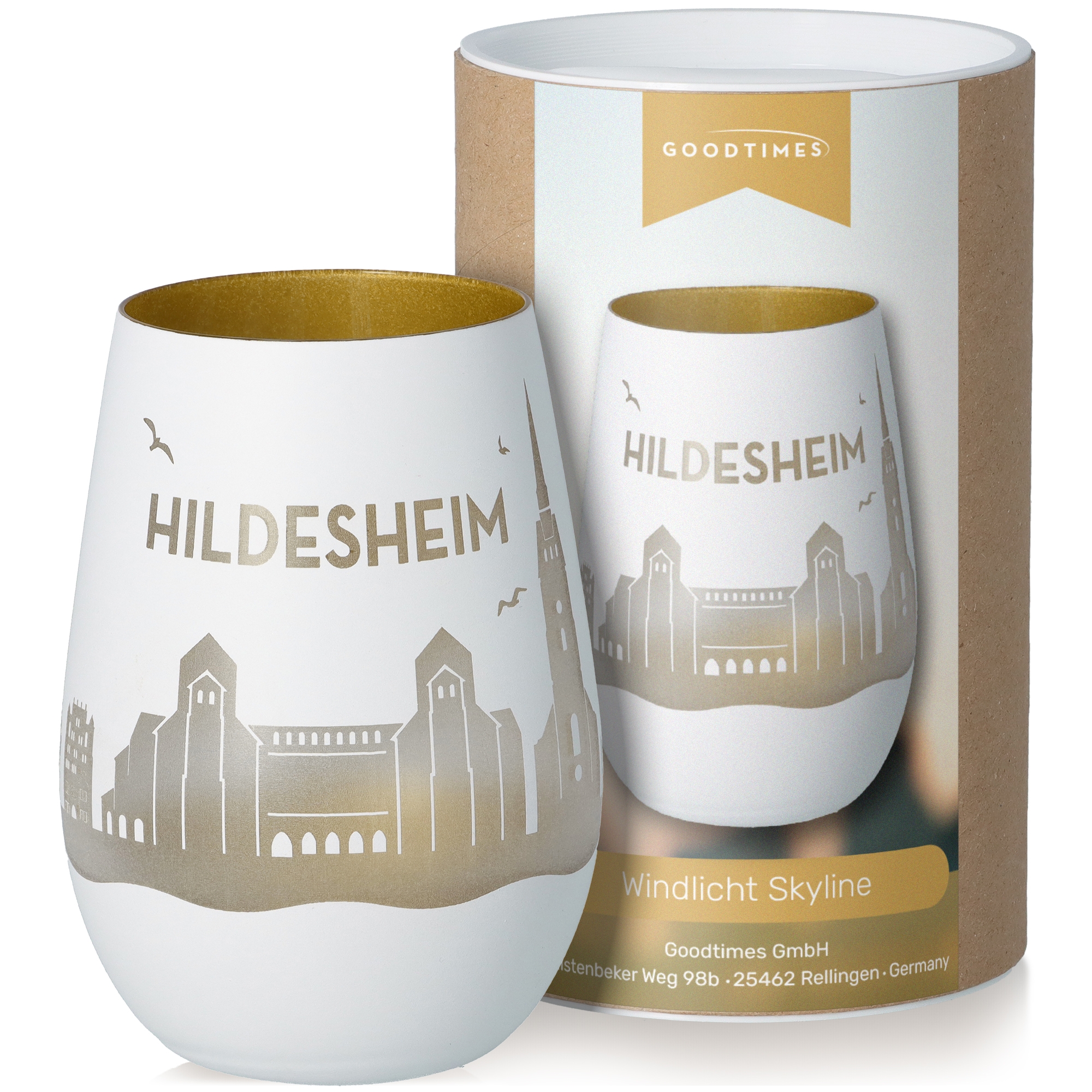 Windlicht Skyline Hildesheim Weiß/Gold Pokal, Töpferei, Getränk, Kaffee, Kaffeetasse