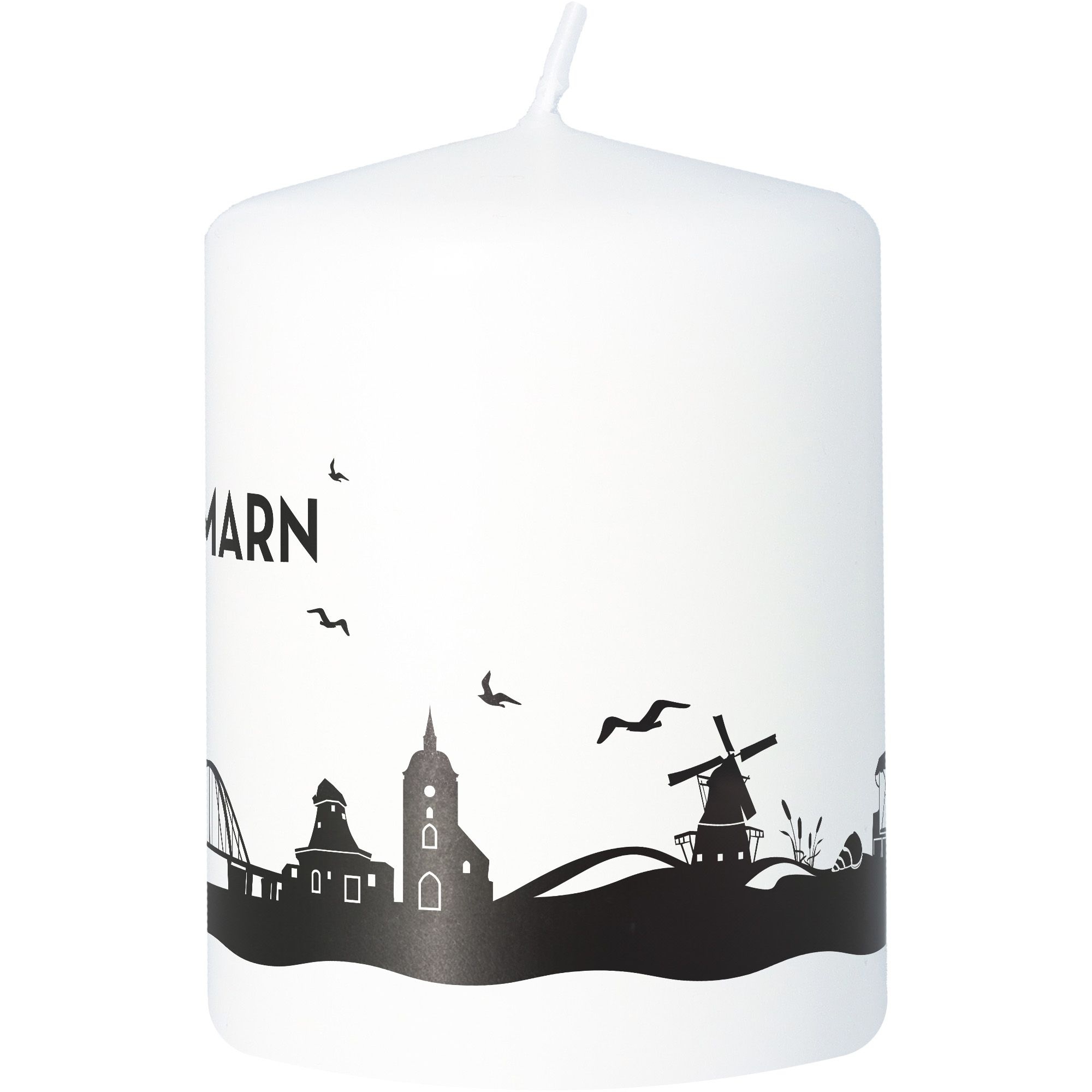 Stumpenkerze Skyline Fehmarn Weiß Stumpenkerze Skyline Fehmarn Weiß