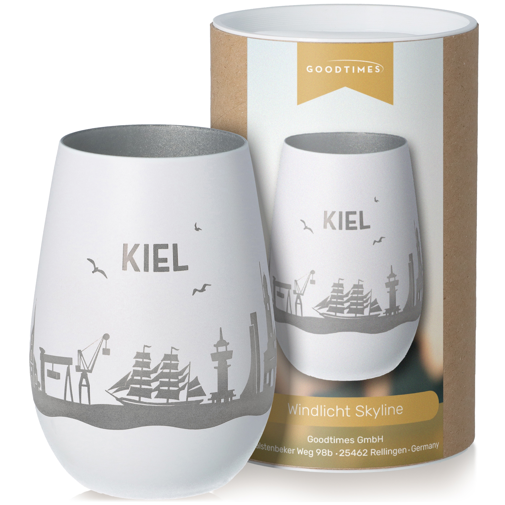 Windlicht Skyline Kiel Weiß/Silber Töpferei, Krug, Tasse, Vase