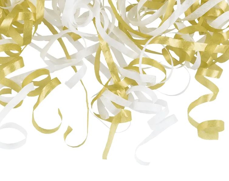 Papier Wurfluftschlangen, Weiß/Gold Papier Wurfluftschlangen, Weiß/Gold