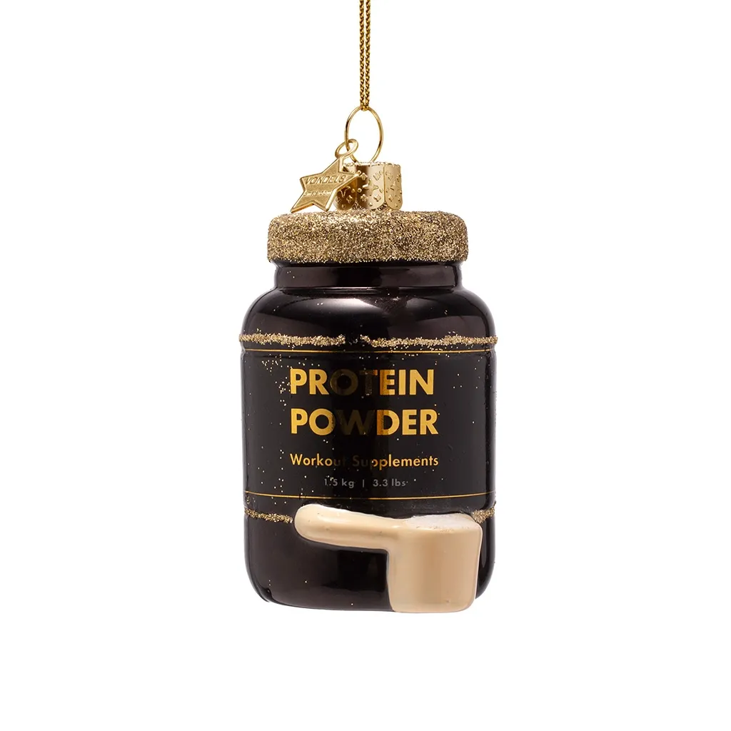 protein powder, gold lid, glitter, ornament, glow
