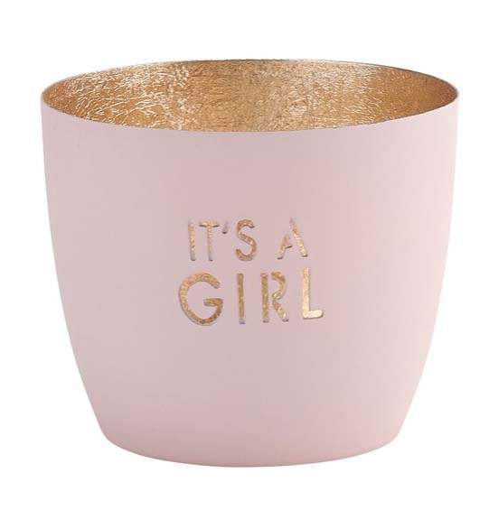 Madras Windlicht "It's a Girl", Pastellrosa/Gold - M