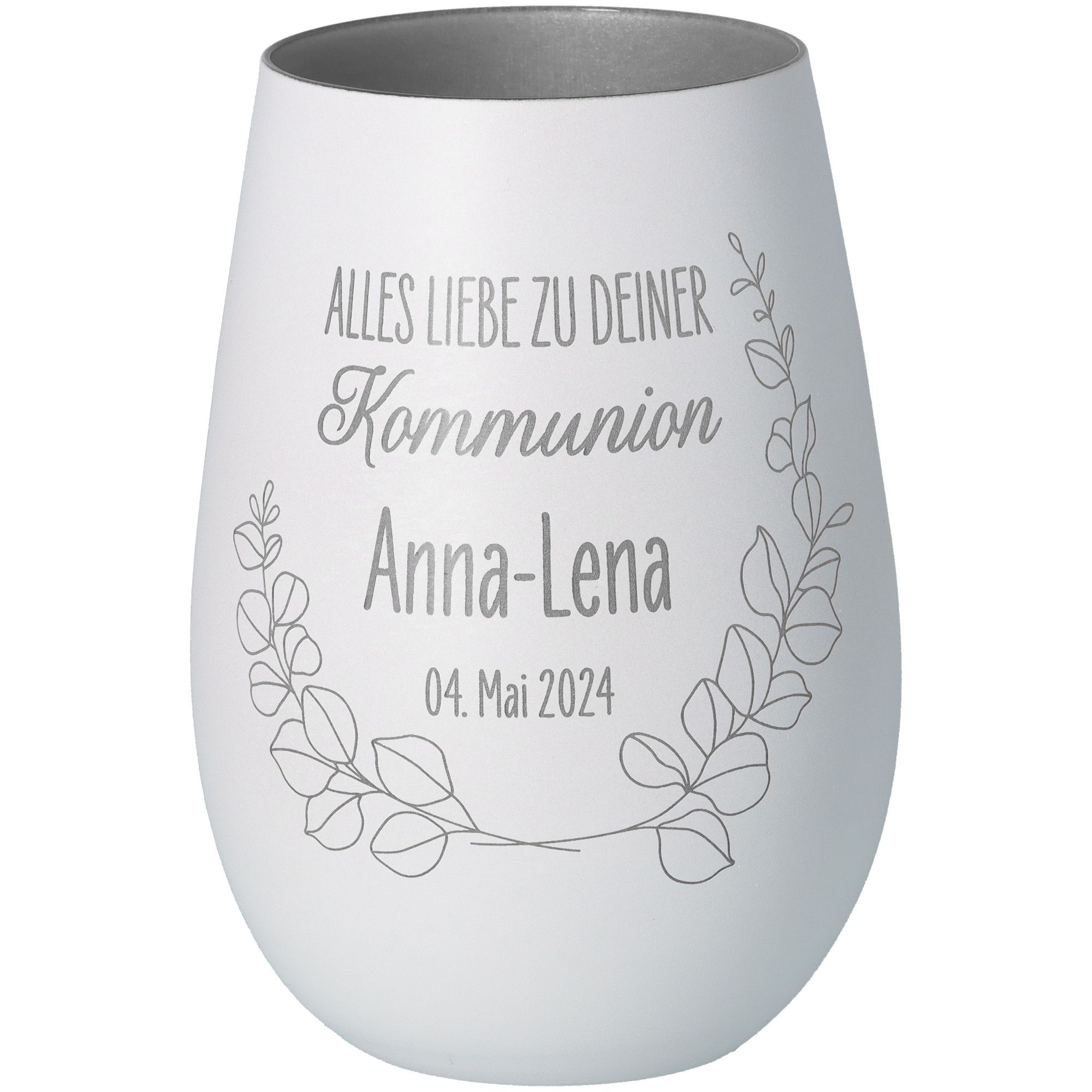 Windlicht Kommunion Weiß/Silber "Name + Datum" Windlicht Kommunion Weiß/Silber "Name + Datum"