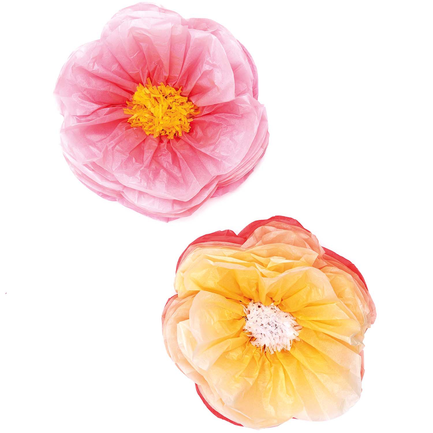 2 Blumen aus Seidenpapier, Rosa/Gelb - groß