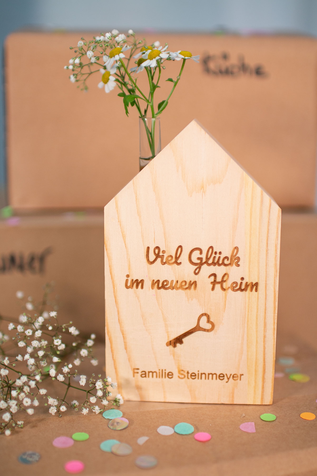 Haus mit Vase zum Einzug