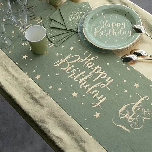 Birthday-Tischdecke, Sternenmuster, Pastellgrün, Teller mit Gravur, Geburtstagskarten