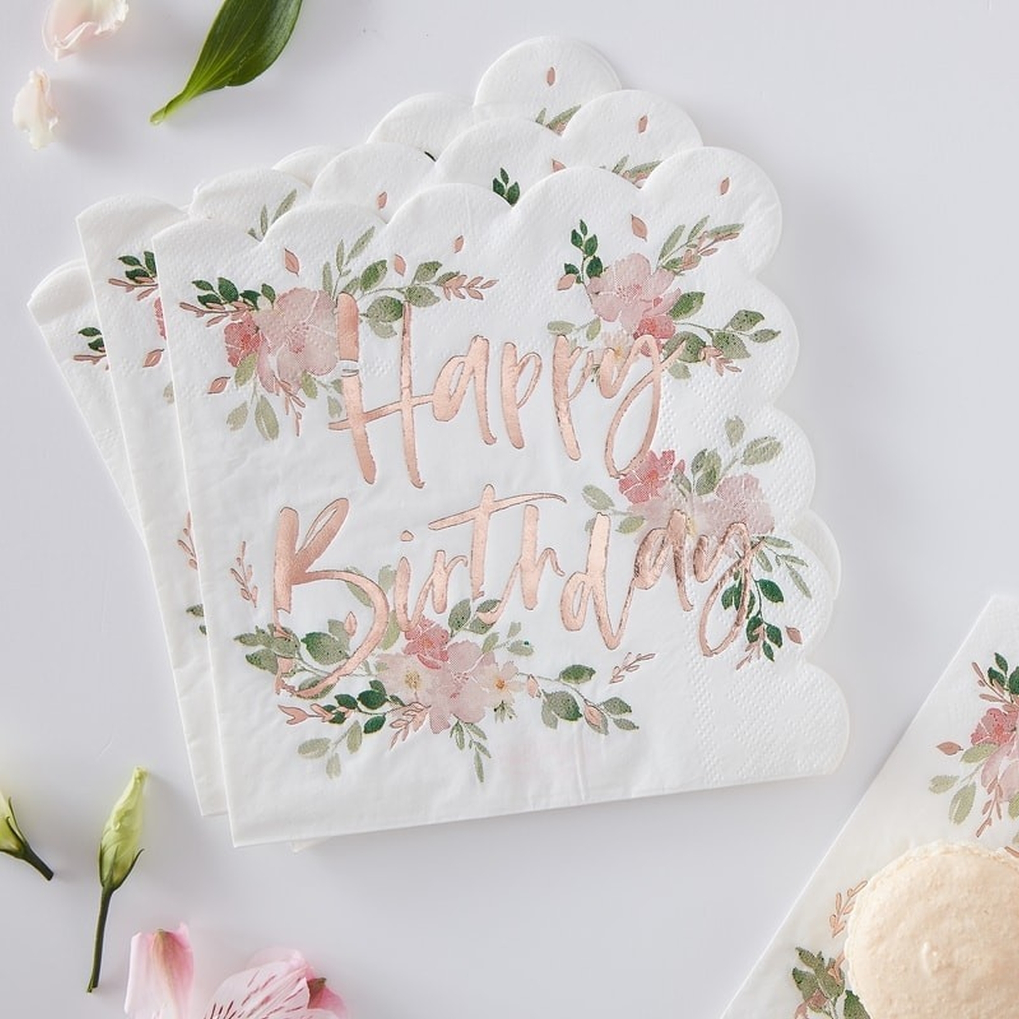 16 Servietten "Happy Birthday", Blumen Roségold