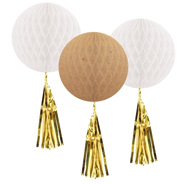 3 Wabenbälle mit Tasseln Weiß/Gold