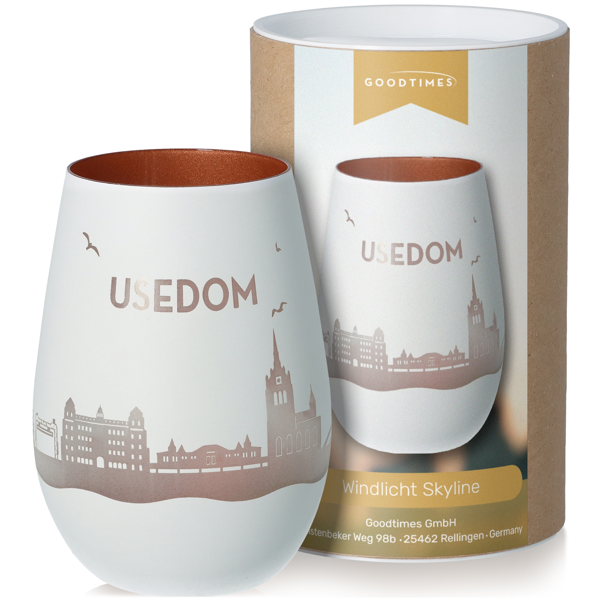 Windlicht Skyline Usedom Weiß/Bronze Töpferei, Tasse, Kunst, Porzellan