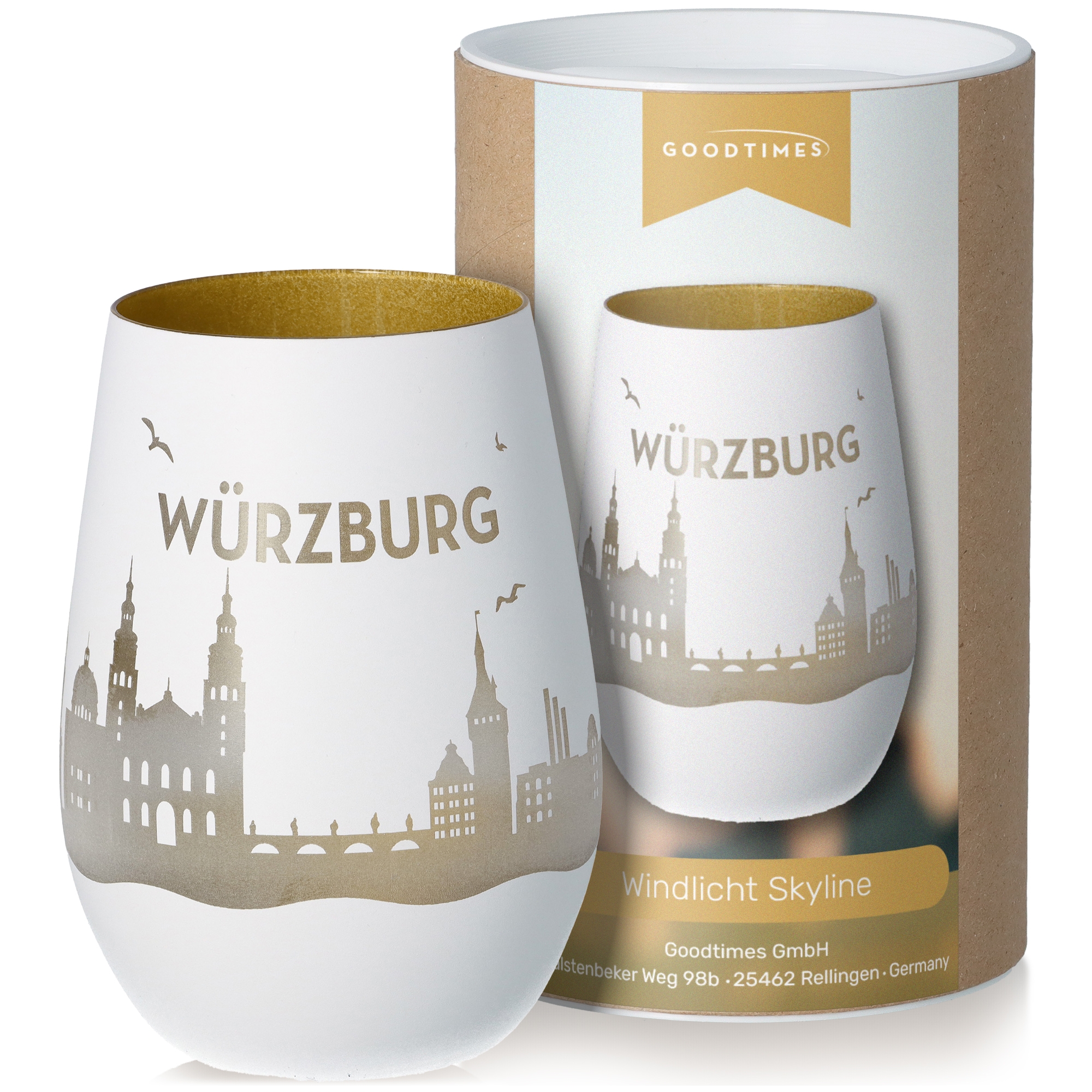 Windlicht Skyline Würzburg Weiß/Gold Töpferei, Tasse, Kunst, Porzellan