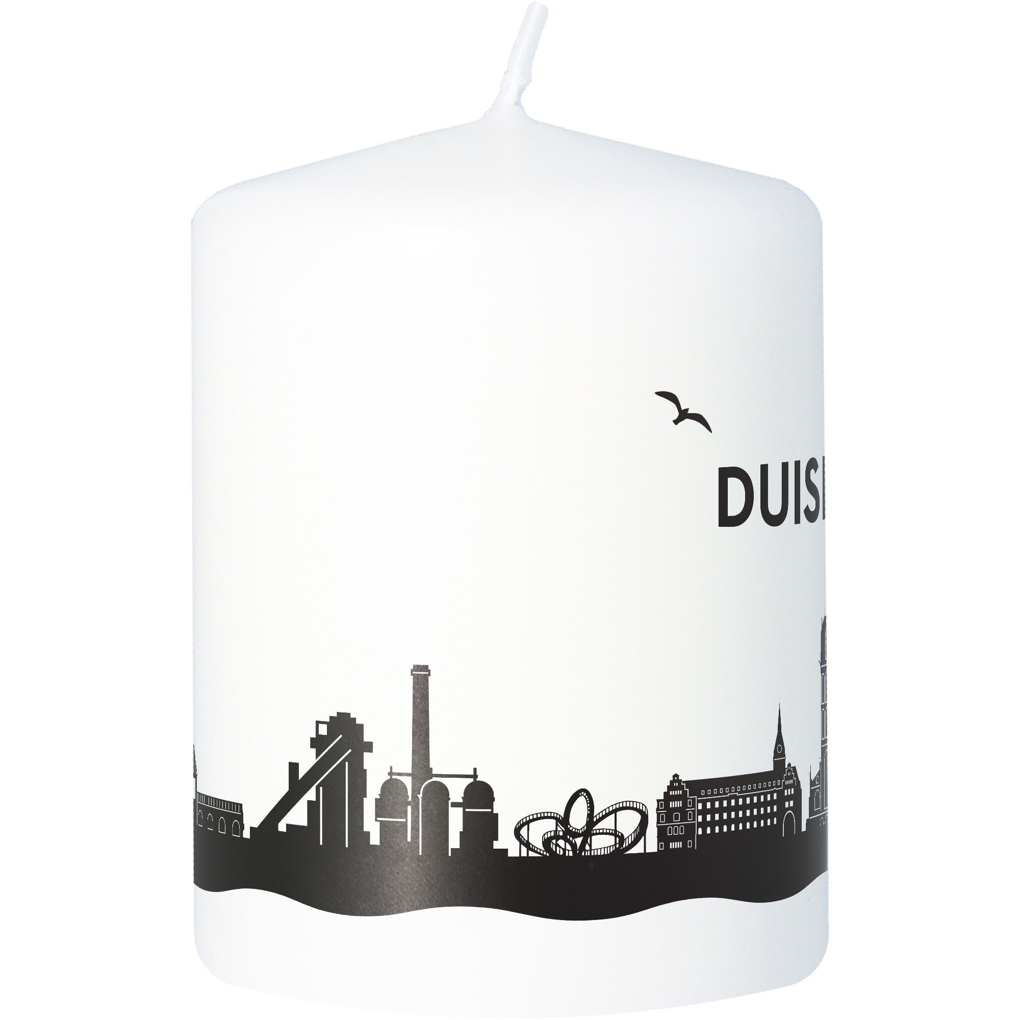 Stumpenkerze Skyline Duisburg Weiß Kerze, Tier, Vogel