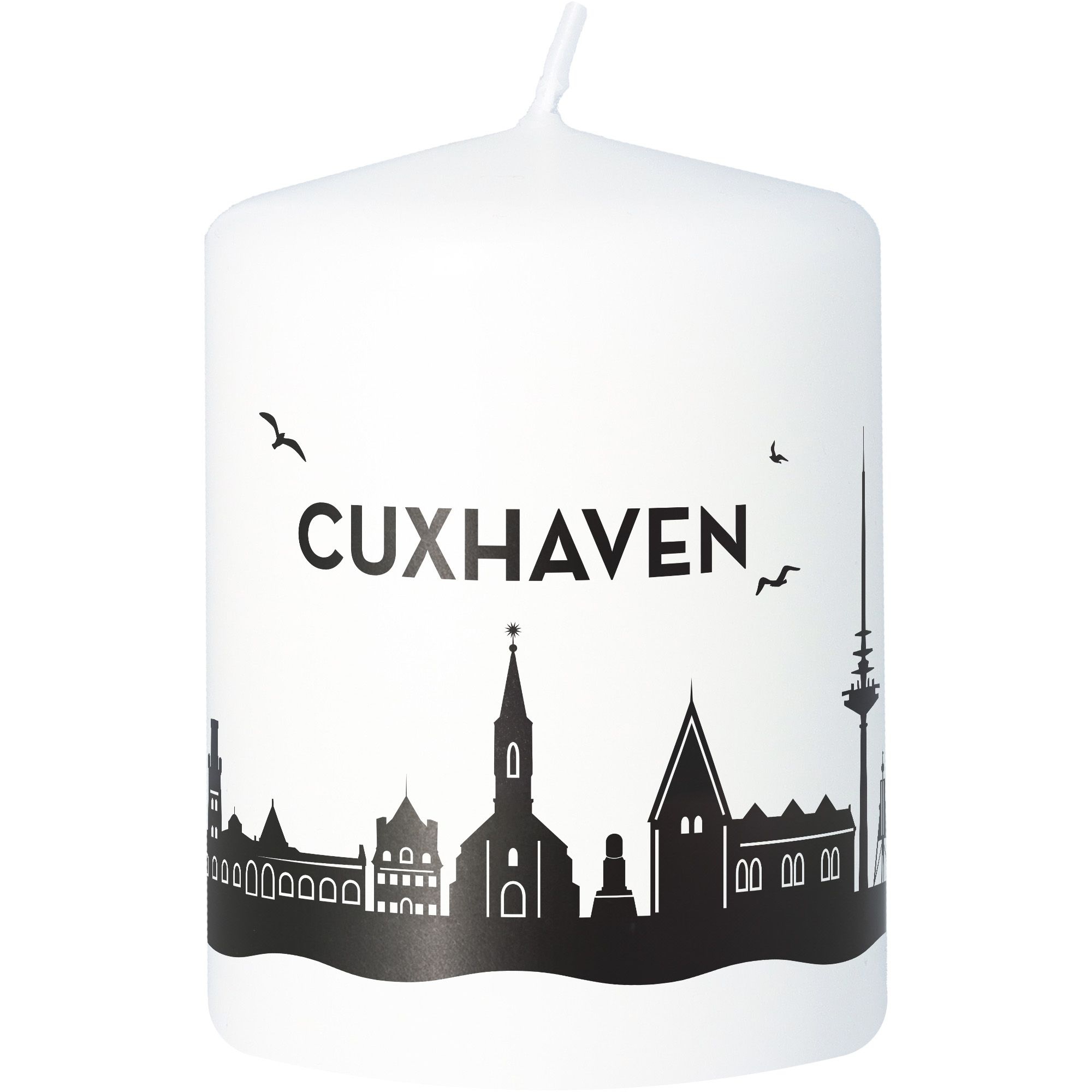 Stumpenkerze Skyline Cuxhaven Weiß Stumpenkerze Skyline Cuxhaven Weiß