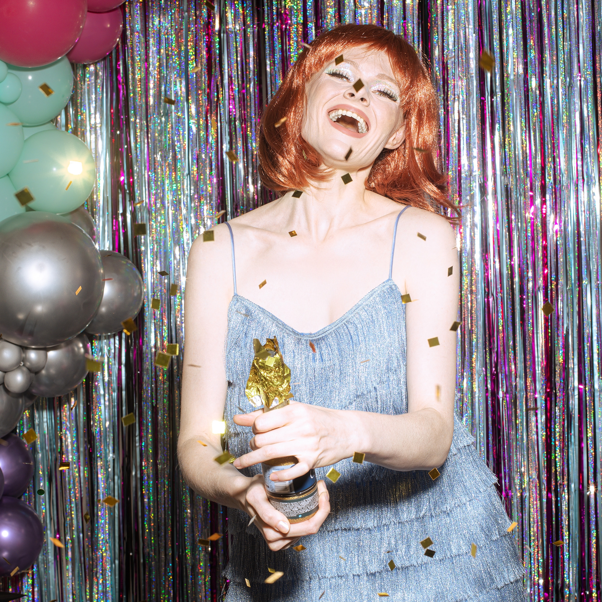 Champagner Konfetti Kanone "Gold" 20,5cm Erwachsener, Weiblich, Person, Frau, Kopf