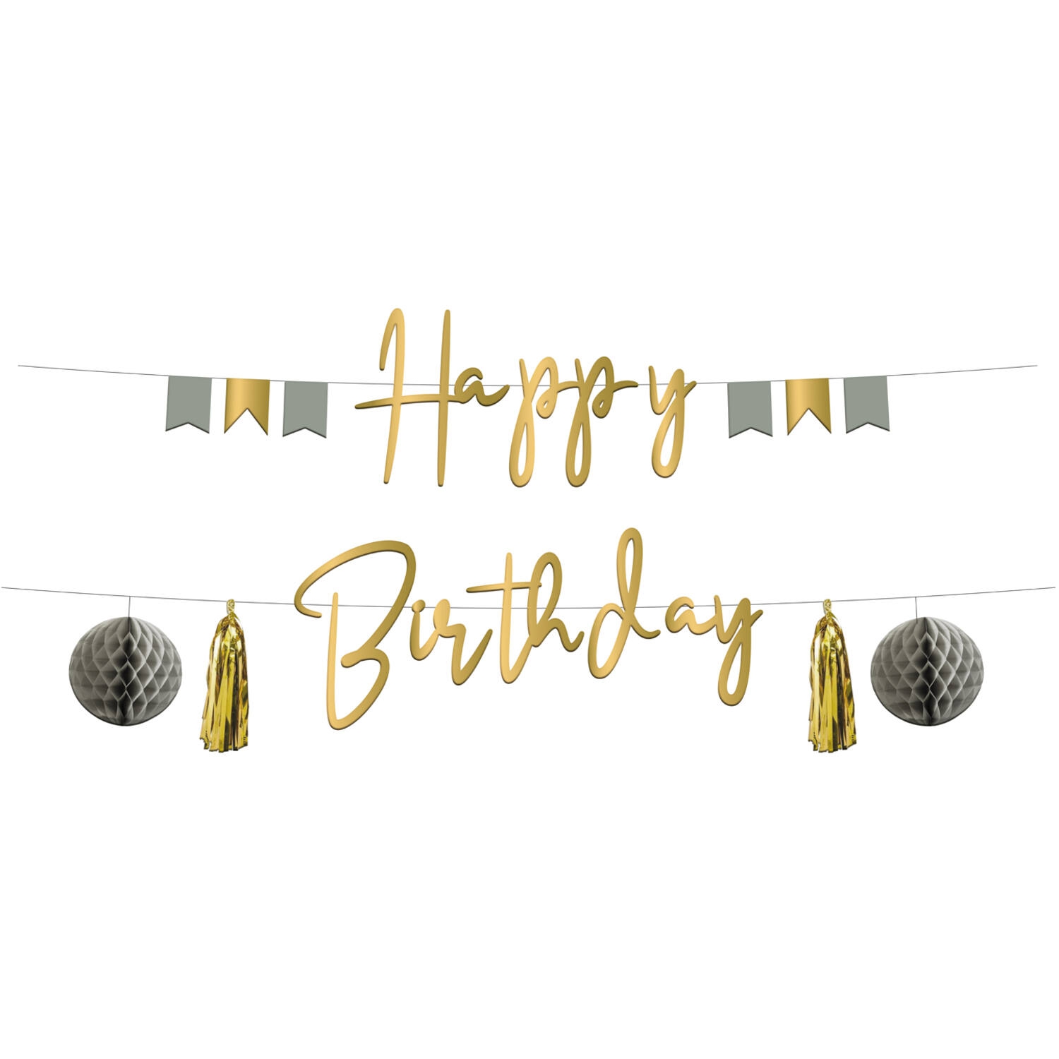 Girlande "Happy Birthday" mit Tasseln, Wabenbällen und Wimpeln, Grau-Oliv/Gold