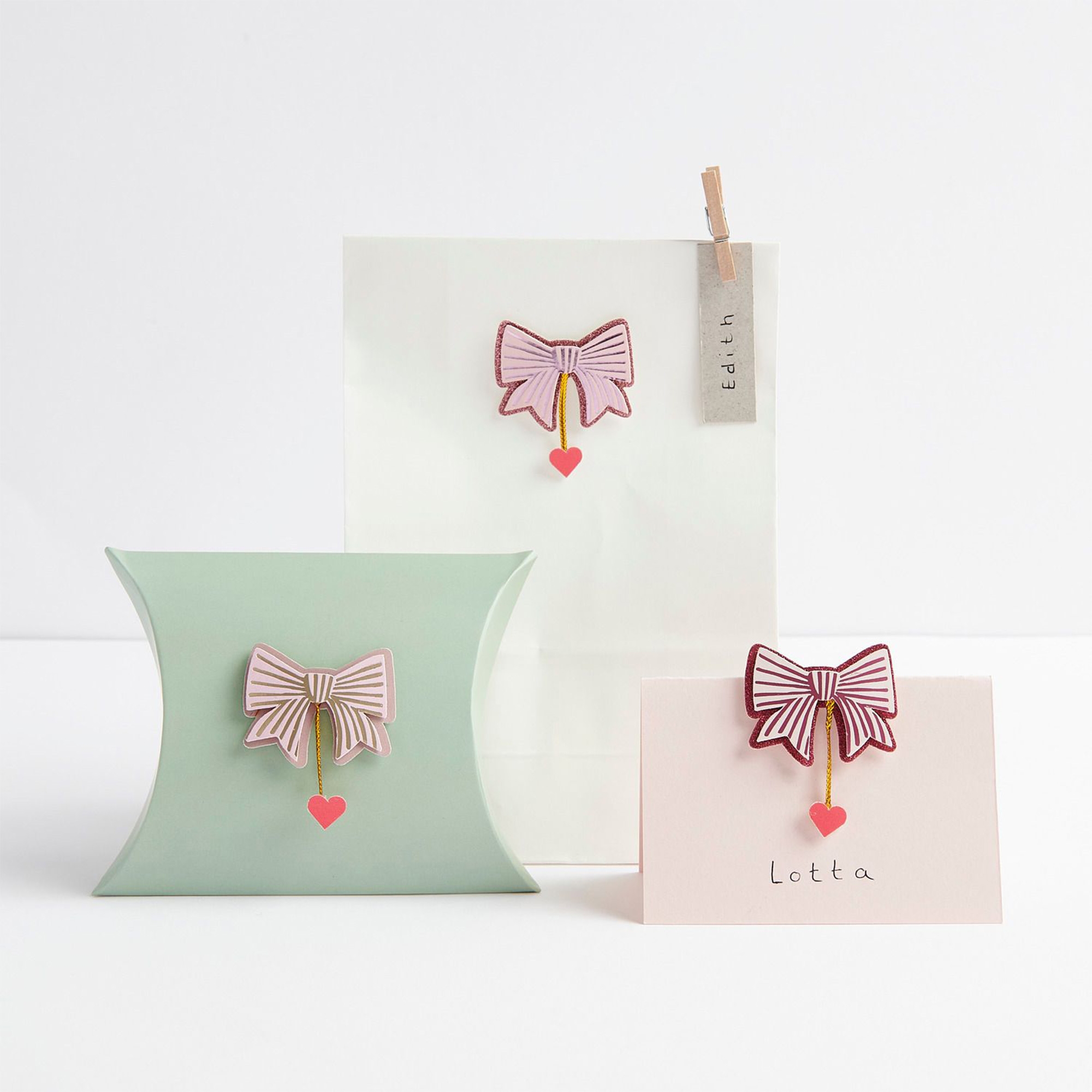 6 3D Sticker "Schleifen mit Herzen" Mauve Briefumschlag, Grußkarte, Post, Visitenkarte, Text