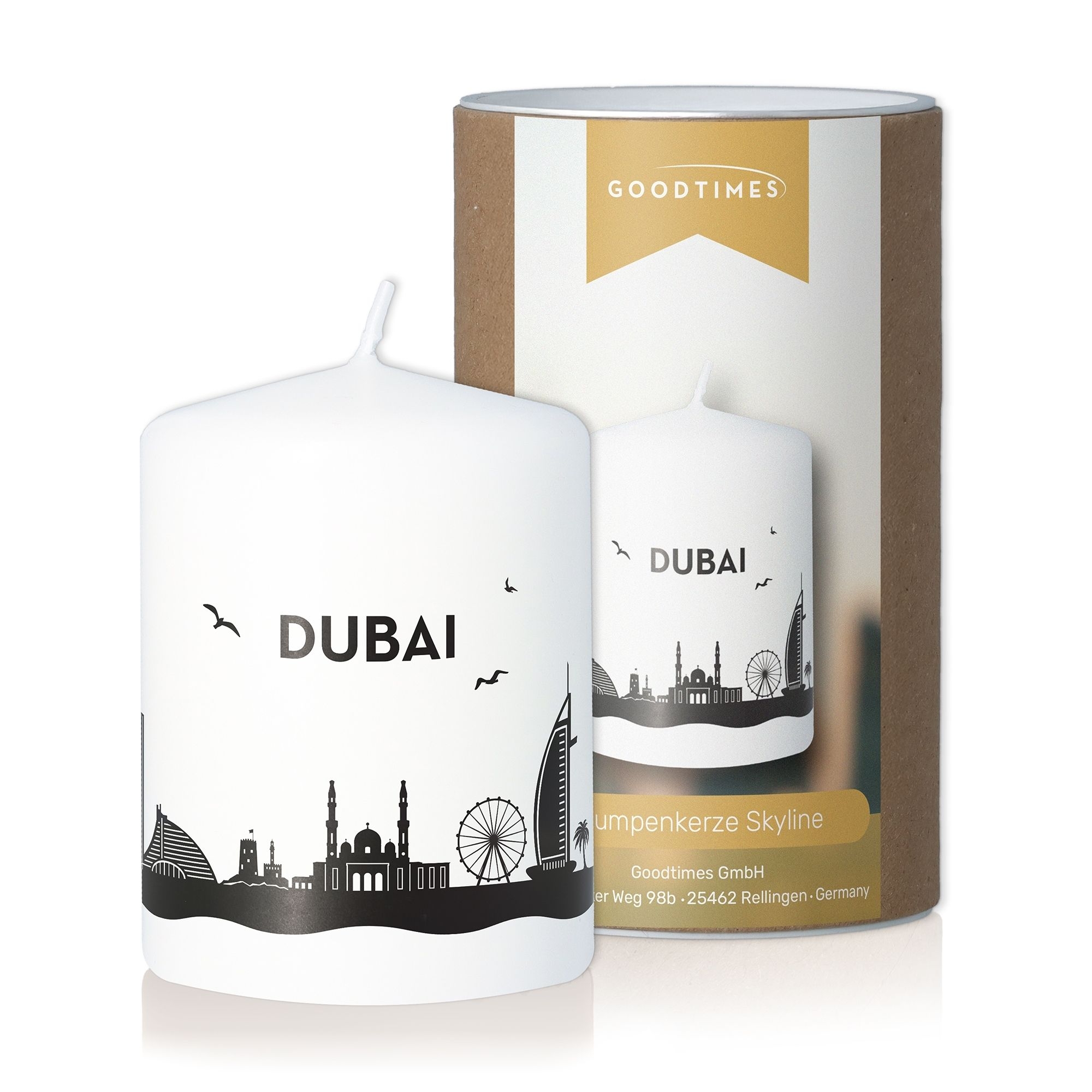 Stumpenkerze Skyline Dubai Weiß Kerze