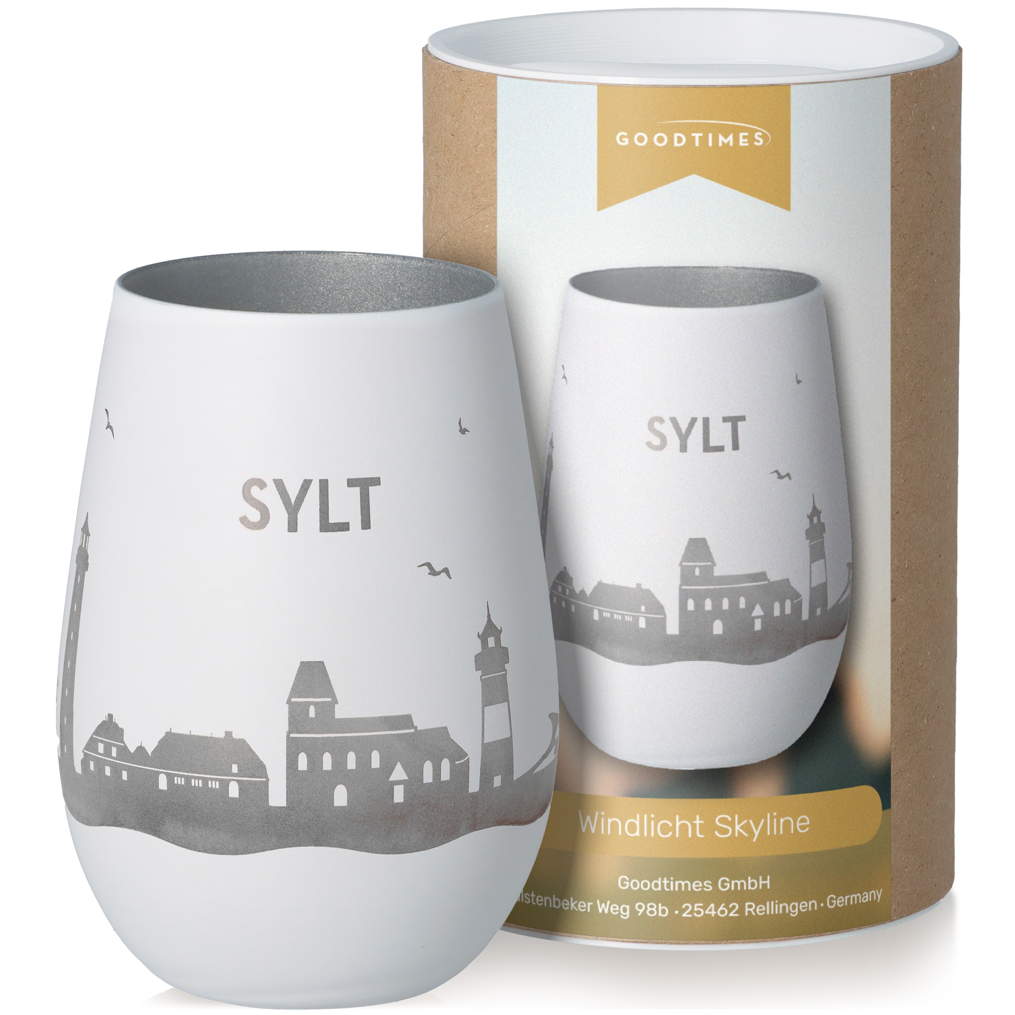 Windlicht Skyline Sylt Weiß/Silber
